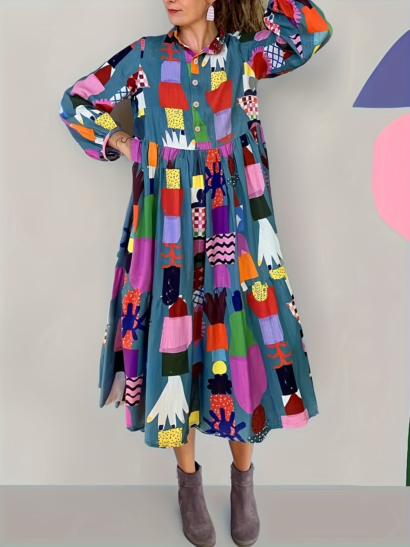 gbolsos Plus Size Cute Maxi Dress, Women's Plus Random Print Long Sleeve Button Up Turn Down Collar Smock Shirt Dress