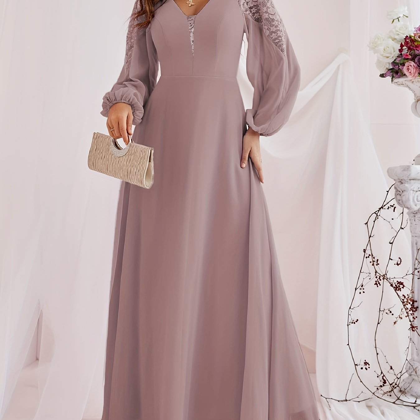 gbolsos Solid Contrast Lace Dress, Elegant V Neck Long Sleeve Maxi Dress, Women's Clothing