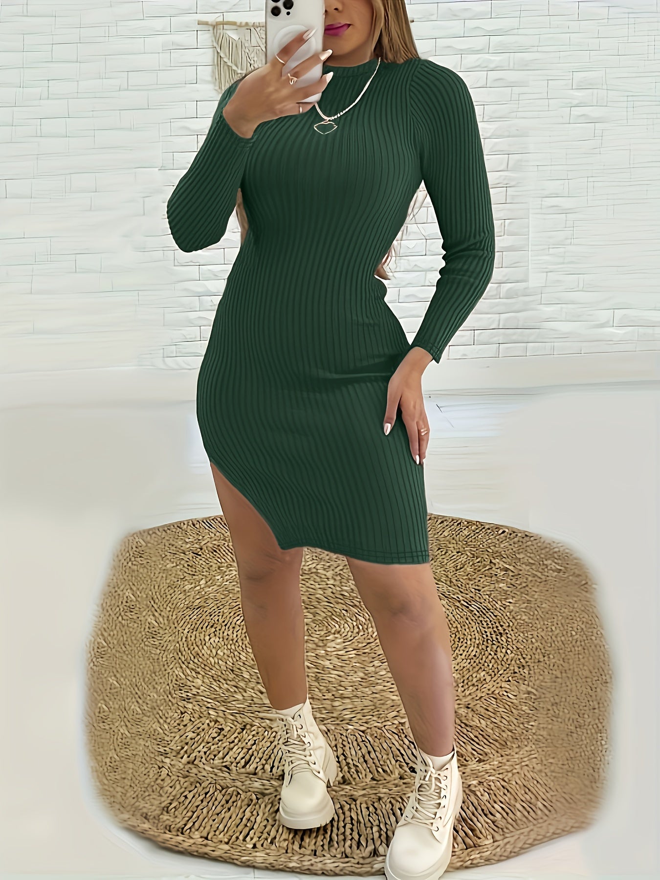 gbolsos Ribbed Split Solid Dress, Casual Mock Neck Long Sleeve Dress, Women's Clothing