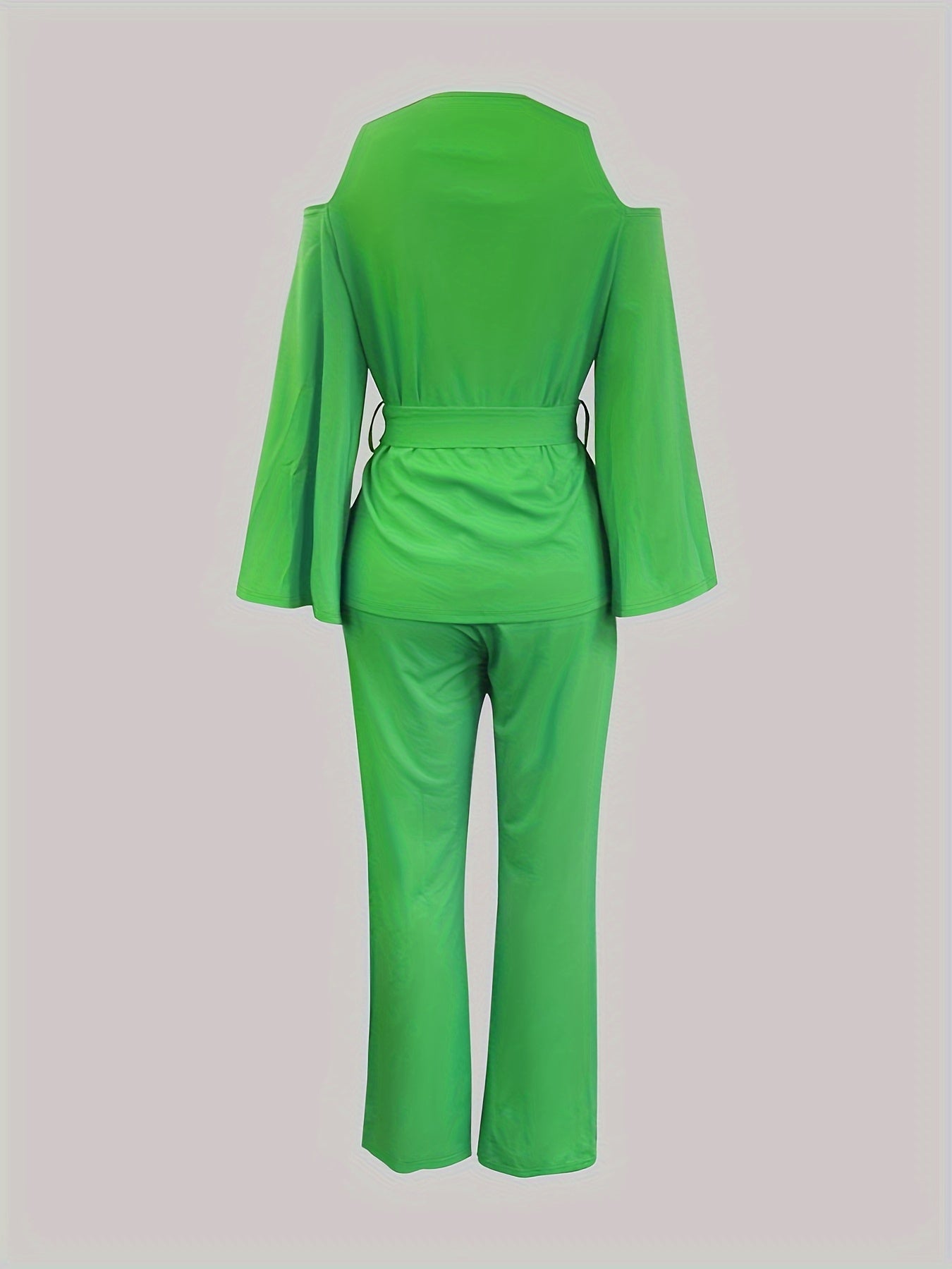 gbolsos Solid Casual Two-piece Set, Cold Shoulder V Neck Tops & Wide Leg Long Length Pants Outfits, Women's Clothing