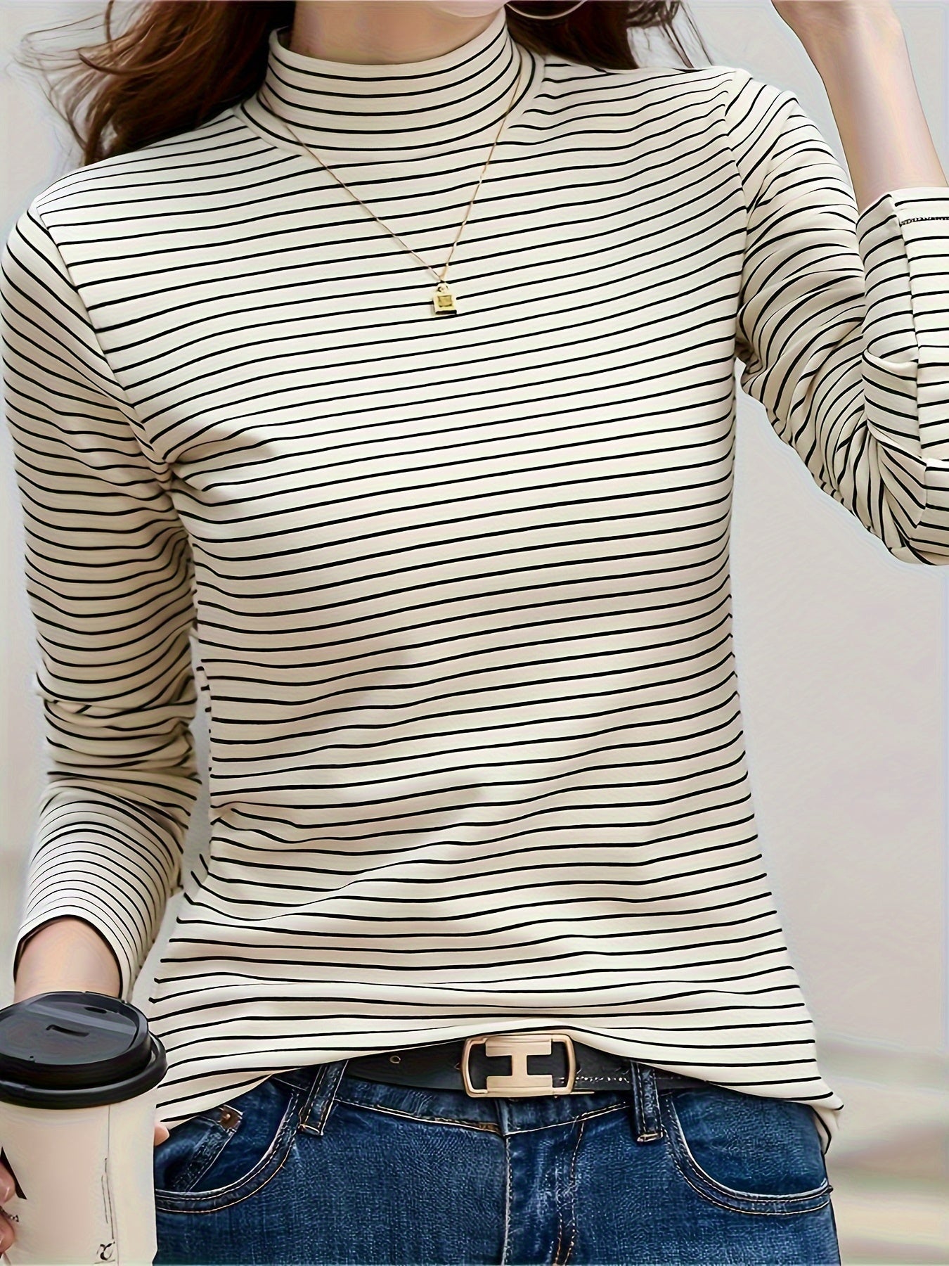 gbolsos Striped Mock Neck T-shirt, Casual Long Sleeve Top For Spring & Fall, Women's Clothing
