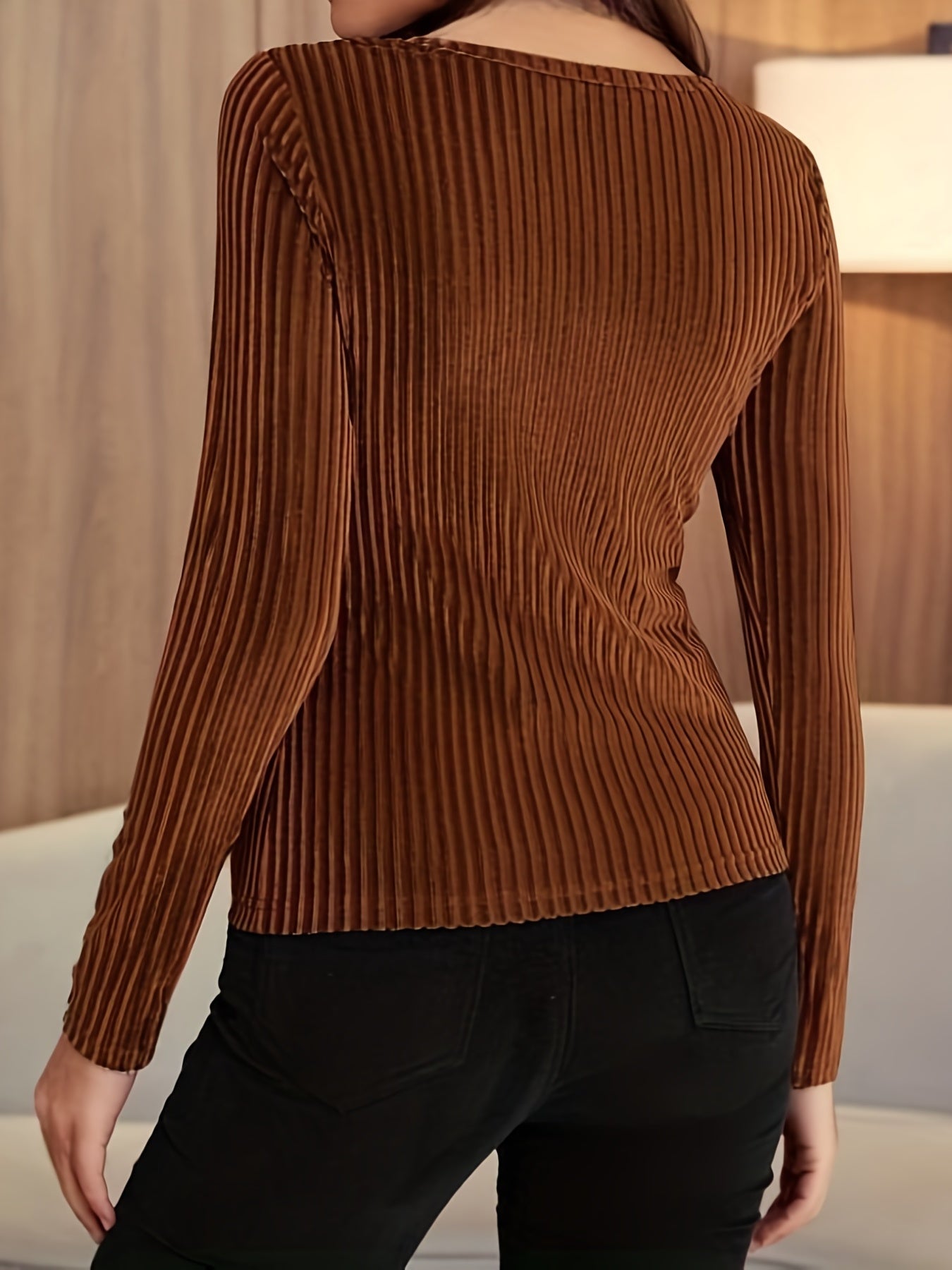 Solid Ribbed Velvet T-Shirt, Elegant Long Sleeve Top For Spring & Fall, Women's Clothing