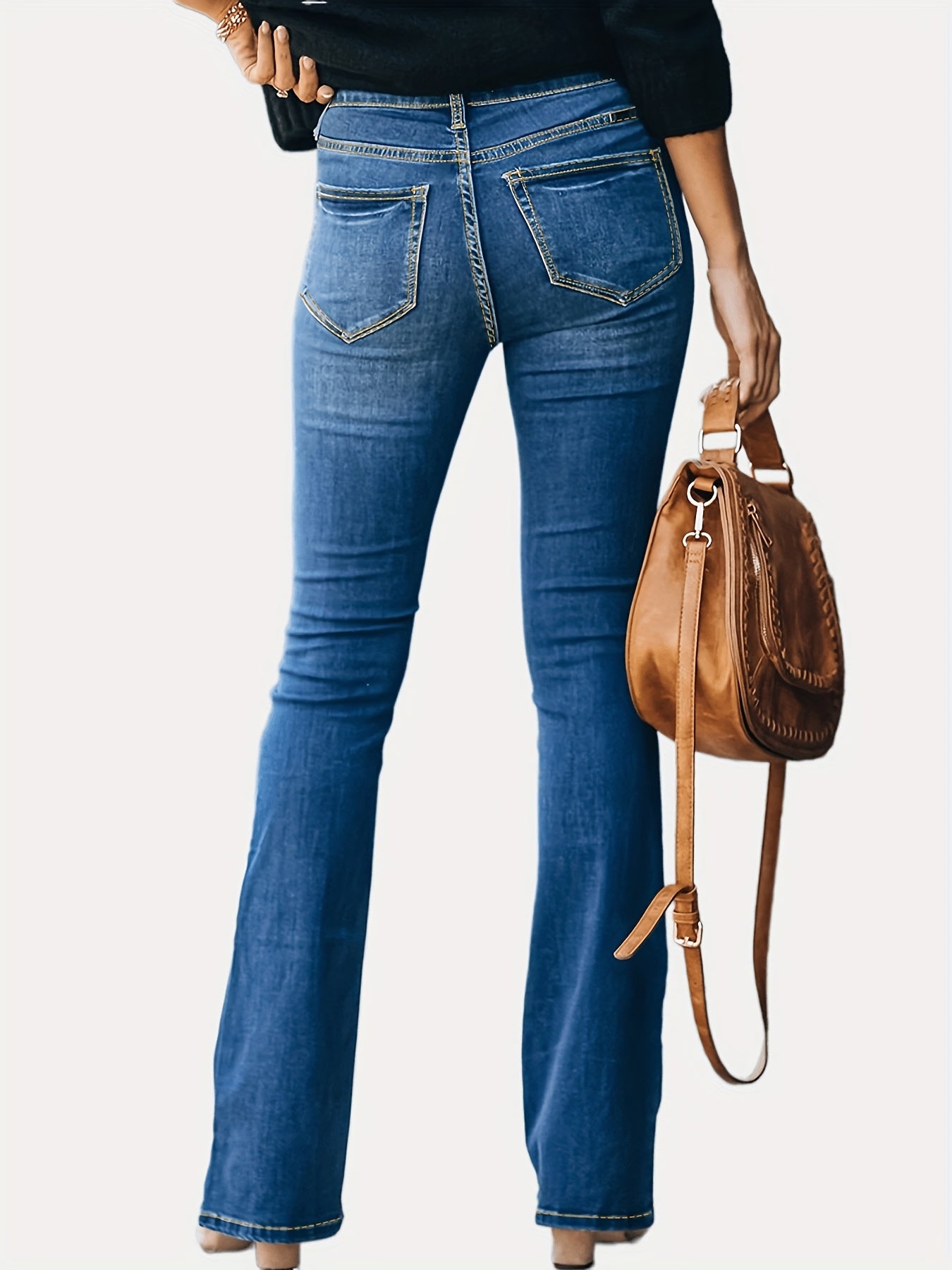 gbolsos Embossed Crotch Button Bell Bottom Jeans, Stretchy Slim Fitting Slash Pockets Bootcut Pants, Women's Denim & Clothing