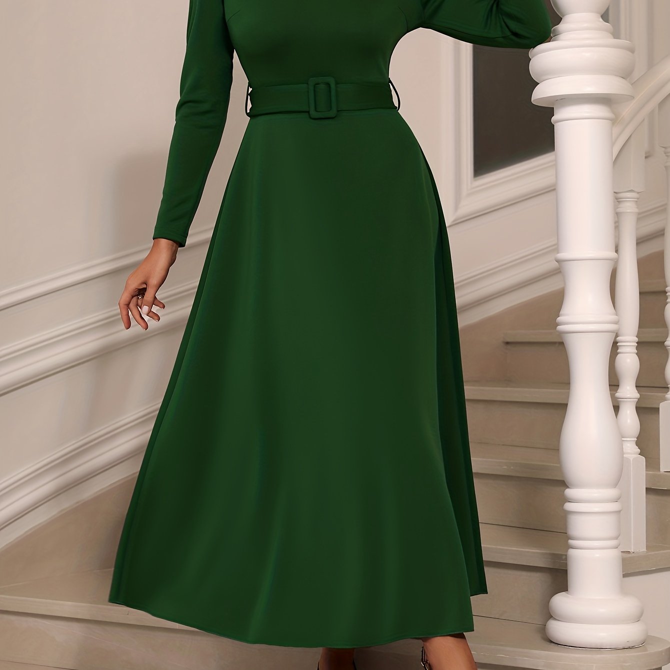 gbolsos Solid Long Sleeve Belt Dress, Elegant Crew Neck Dress For Spring & Fall, Women's Clothing