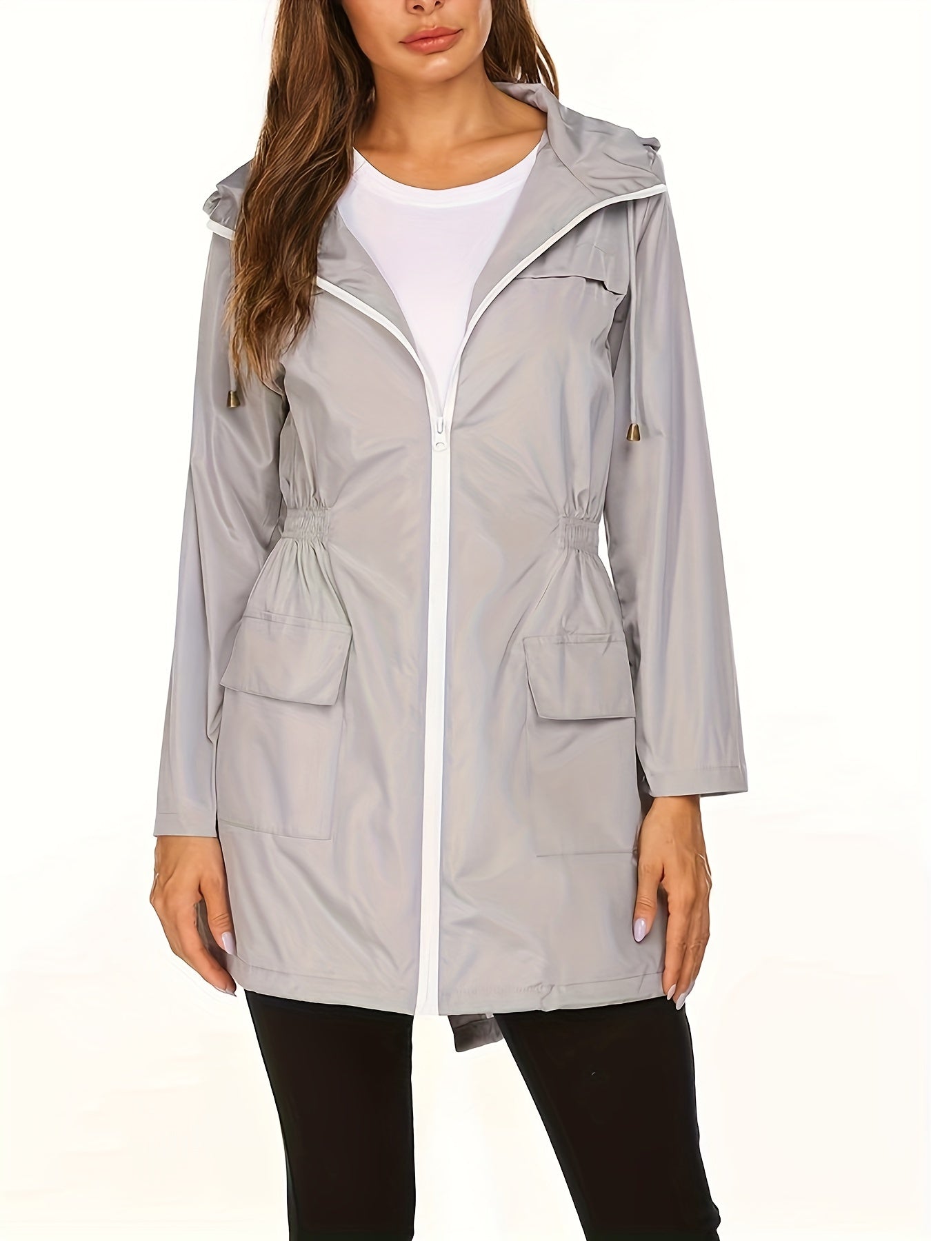 Plus Size Casual Coat, Women's Plus Solid Long Sleeve Zipper Hooded Drawstring Nipped Waist Tunic Jacket With Pockets
