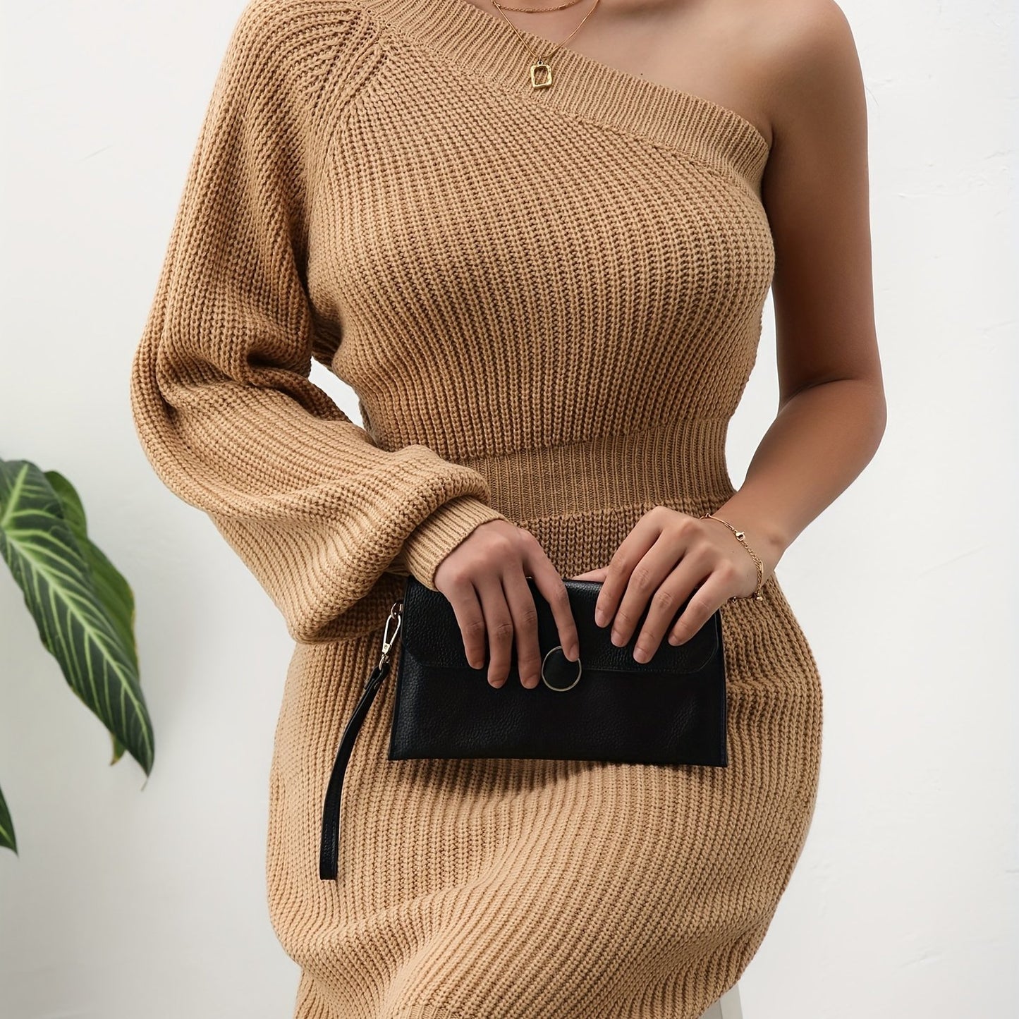 gbolsos Solid One-shoulder Knit Dress, Elegant Long Sleeve Skew Neck Cinched Waist Dressl, Women's Clothing