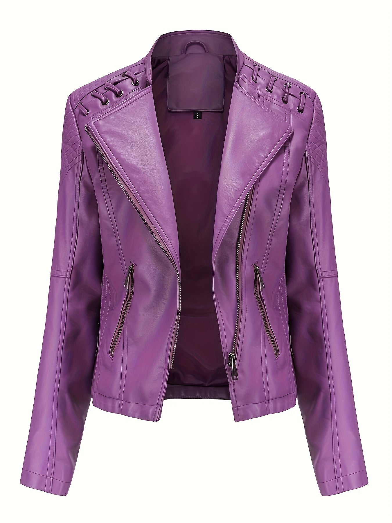 gbolsos Zipper Faux Leather Jacket, Casual Solid Long Sleeve Outerwear, Women's Clothing