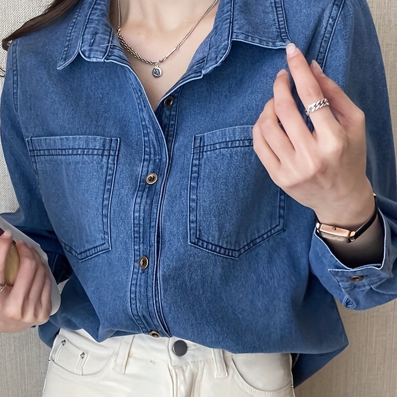 gbolsos Blue Loose Fit Lapel Denim Shirt, Long Sleeves Patch Pockets Casual Denim Shirt, Women's Denim Clothing