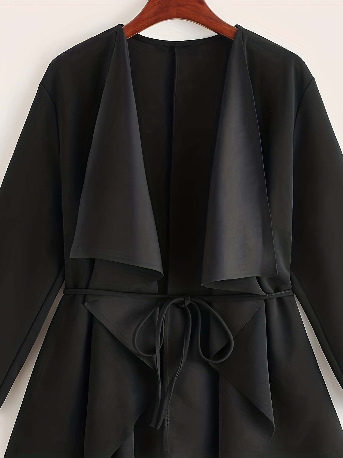 Plus Size Casual Coat, Women's Plus Solid Long Sleeve Waterfall Collar Asymmetric Hem Overcoat With Belt