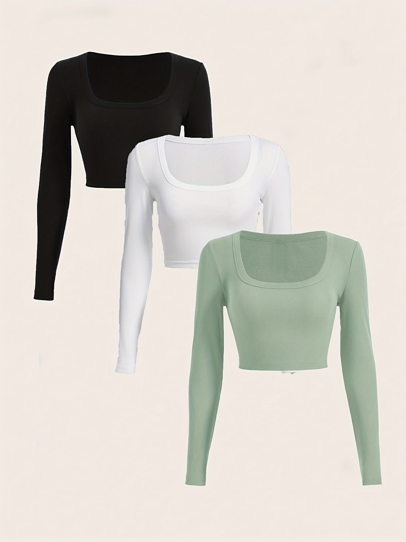 gbolsos 3 Packs Ribbed Square Neck Crop T-Shirts, Casual Long Sleeve Top For Spring & Fall, Women's Clothing