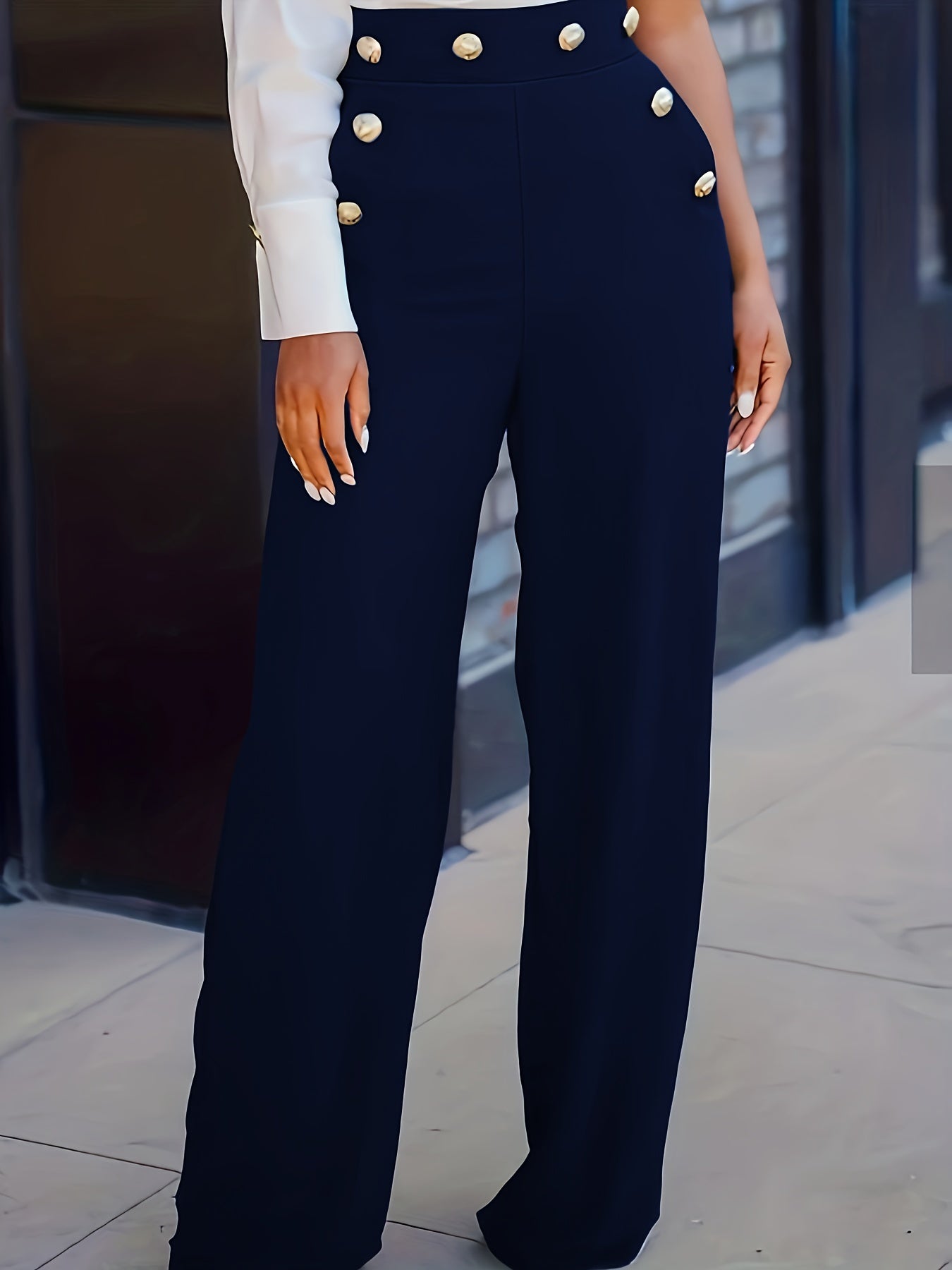 gbolsos Button Decor Waist Wide Leg Pants, Casual Loose Pants For Spring & Fall, Women's Clothing