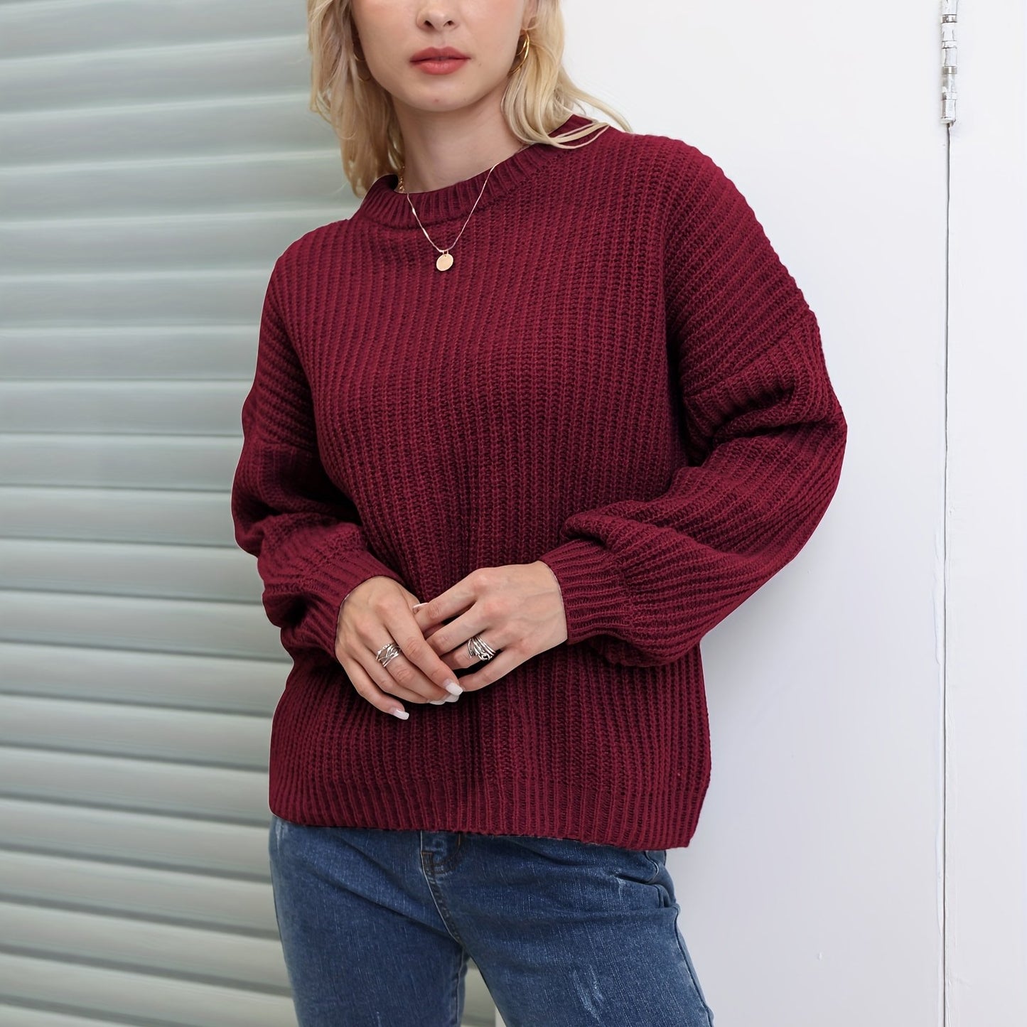 gbolsos Solid Versatile Knit Pullover Sweater, Casual Crew Neck Drop Shoulder Long Sleeve Sweater, Women's Clothing
