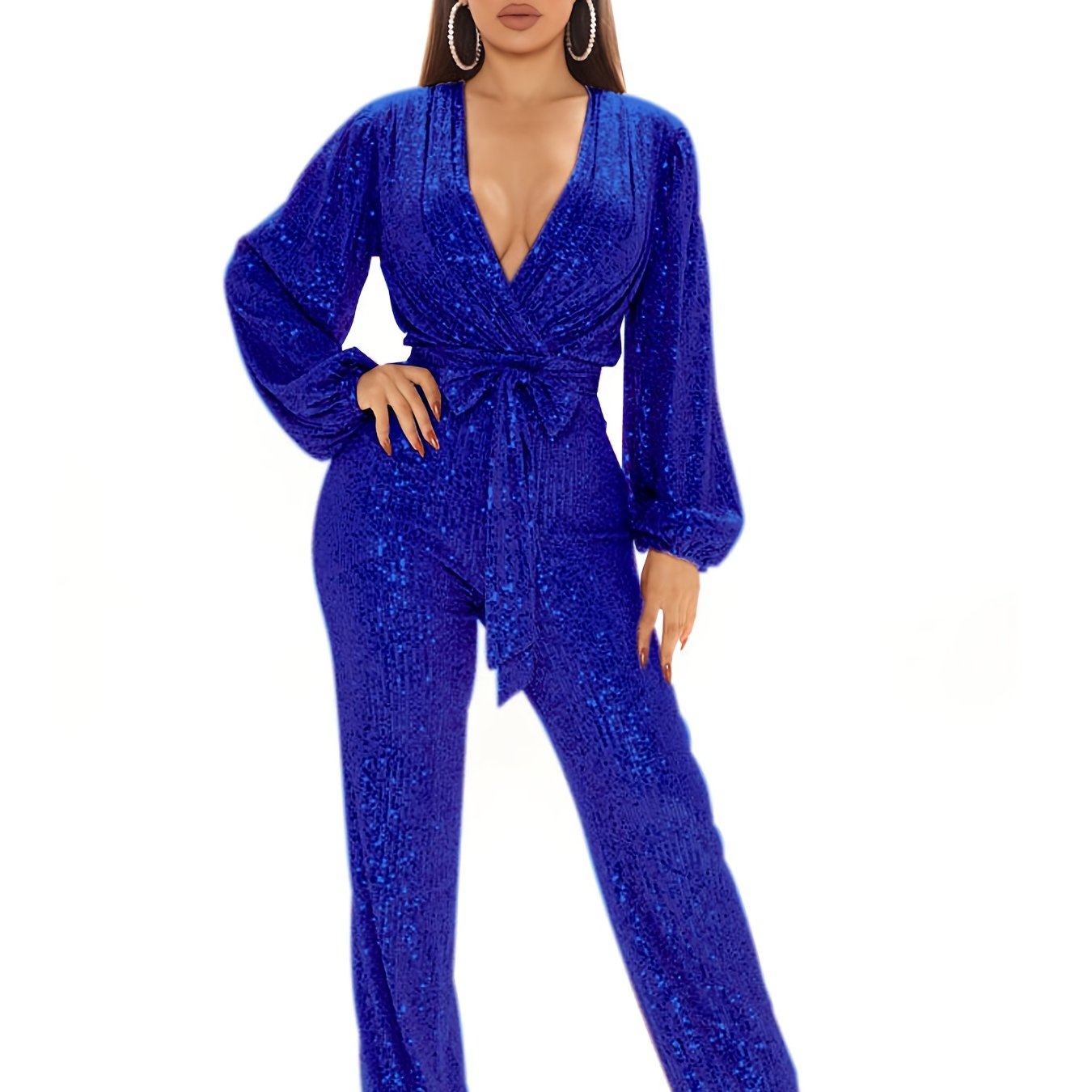 gbolsos Solid Sequin Deep V Neck Jumpsuit, Elegant Long Sleeve Tie Waist Long Length Jumpsuit, Women's Clothing