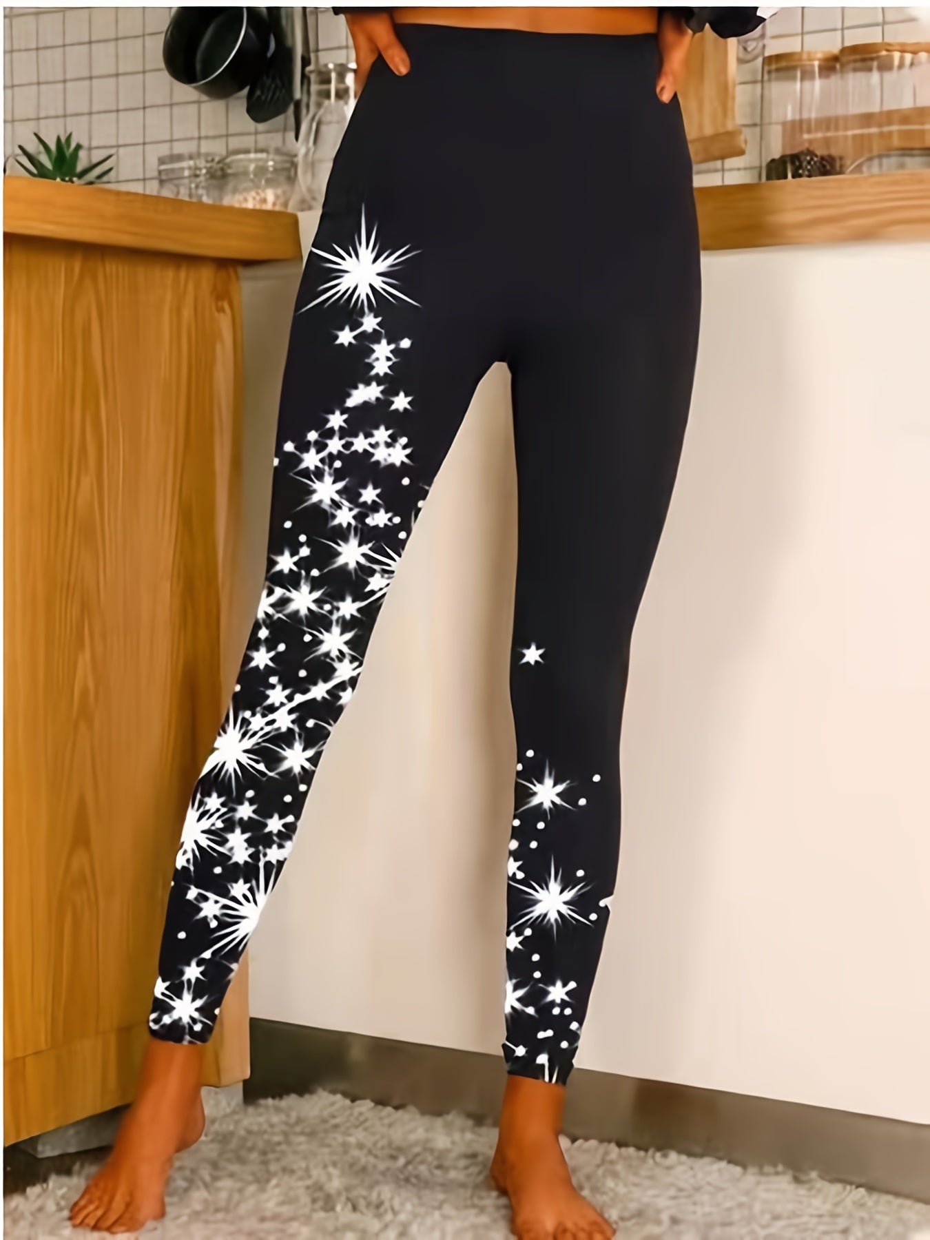 gbolsosStar Print Leggings, Casual High Waist Skinny Elastic Leggings For All Season, Women's Clothing
