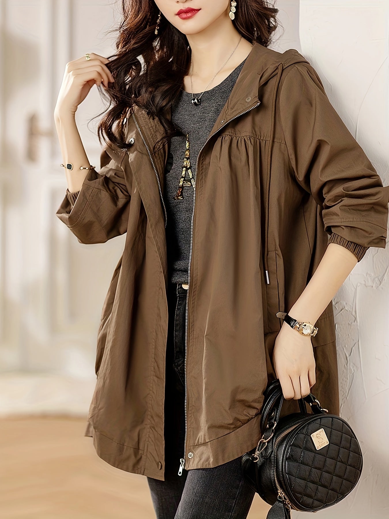 gbolsos Plus Size Solid Hooded Trench Coat, Casual Zip Up Long Sleeve Coat, Women's Plus Size Clothing