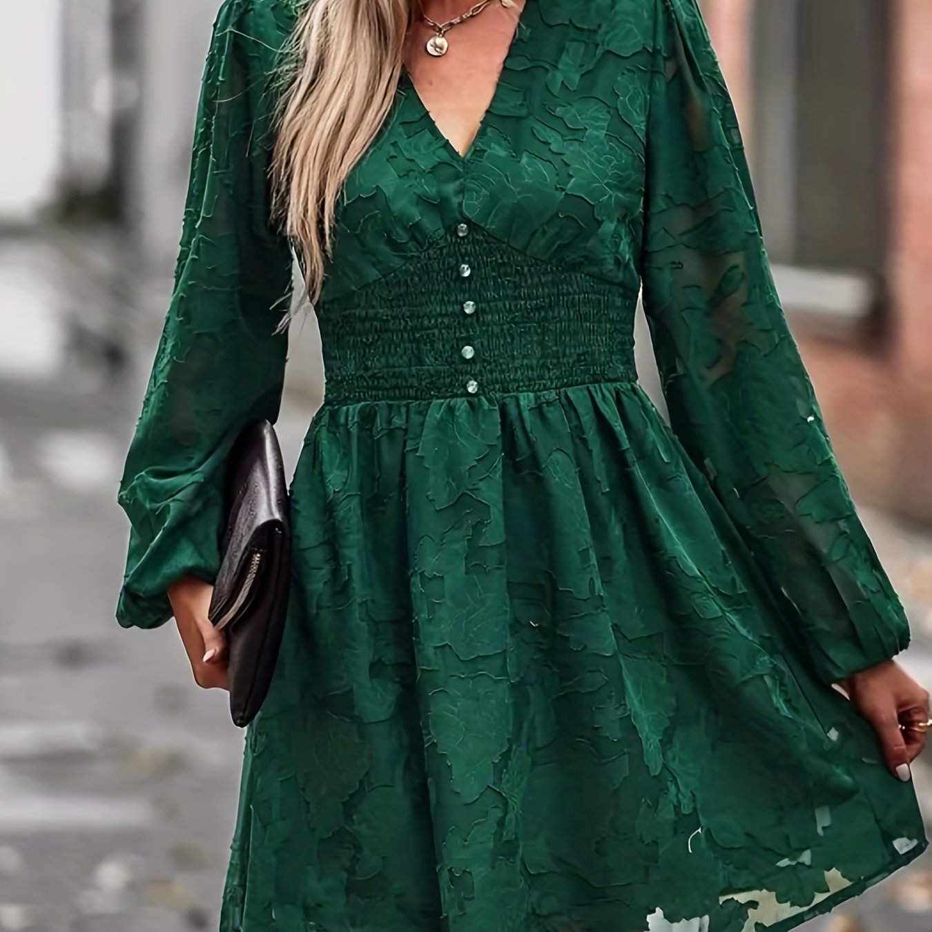gbolsos Floral Jacquard Solid Dress, Elegant V Neck Long Sleeve Shirred Dress, Women's Clothing