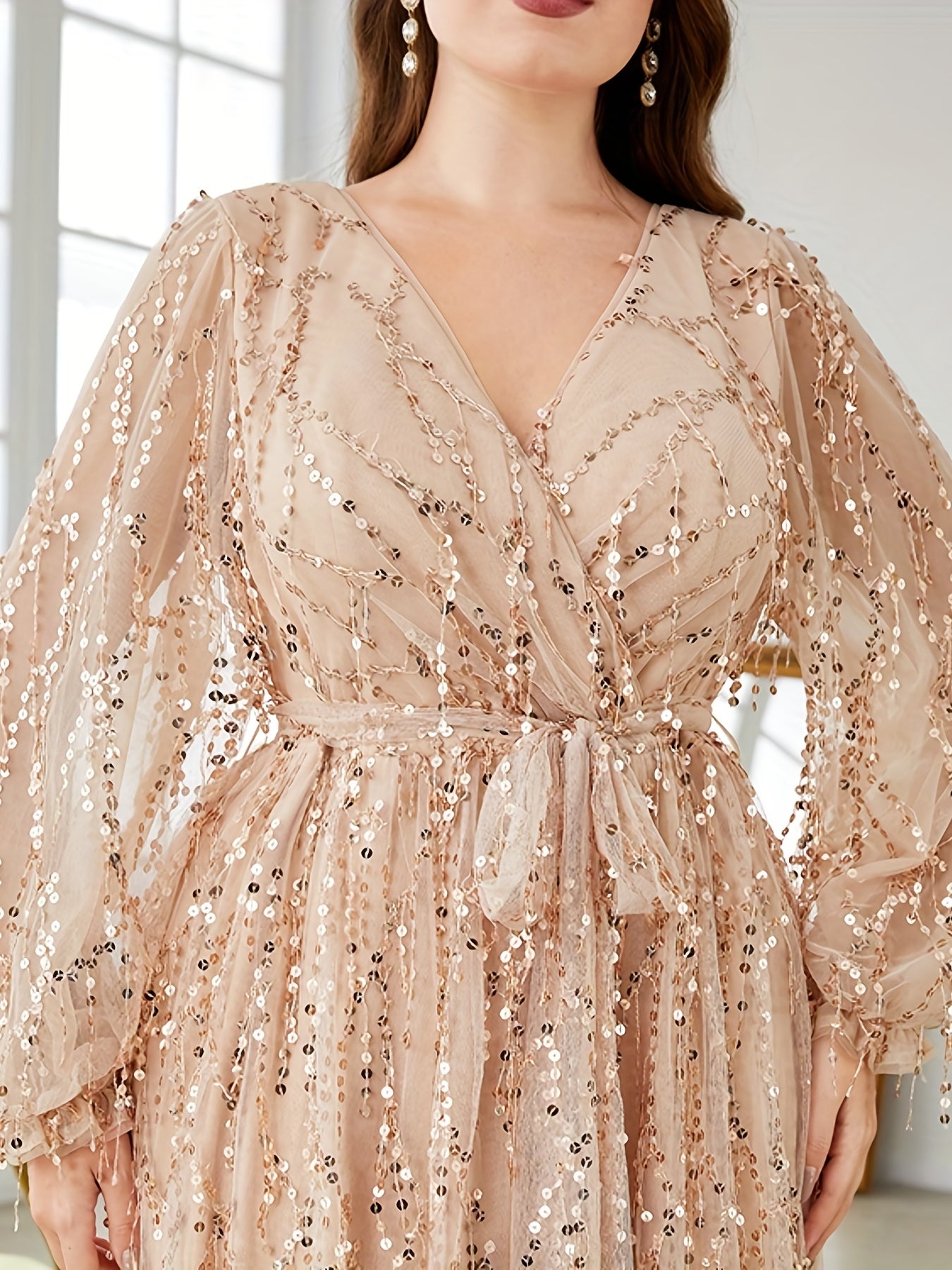 gbolsos Plus Size Elegant Bridesmaid Dress, Women's Plus Sequin Fringe Decor Lantern Sleeve Surplice Neck Belted Formal Party Maxi Dress