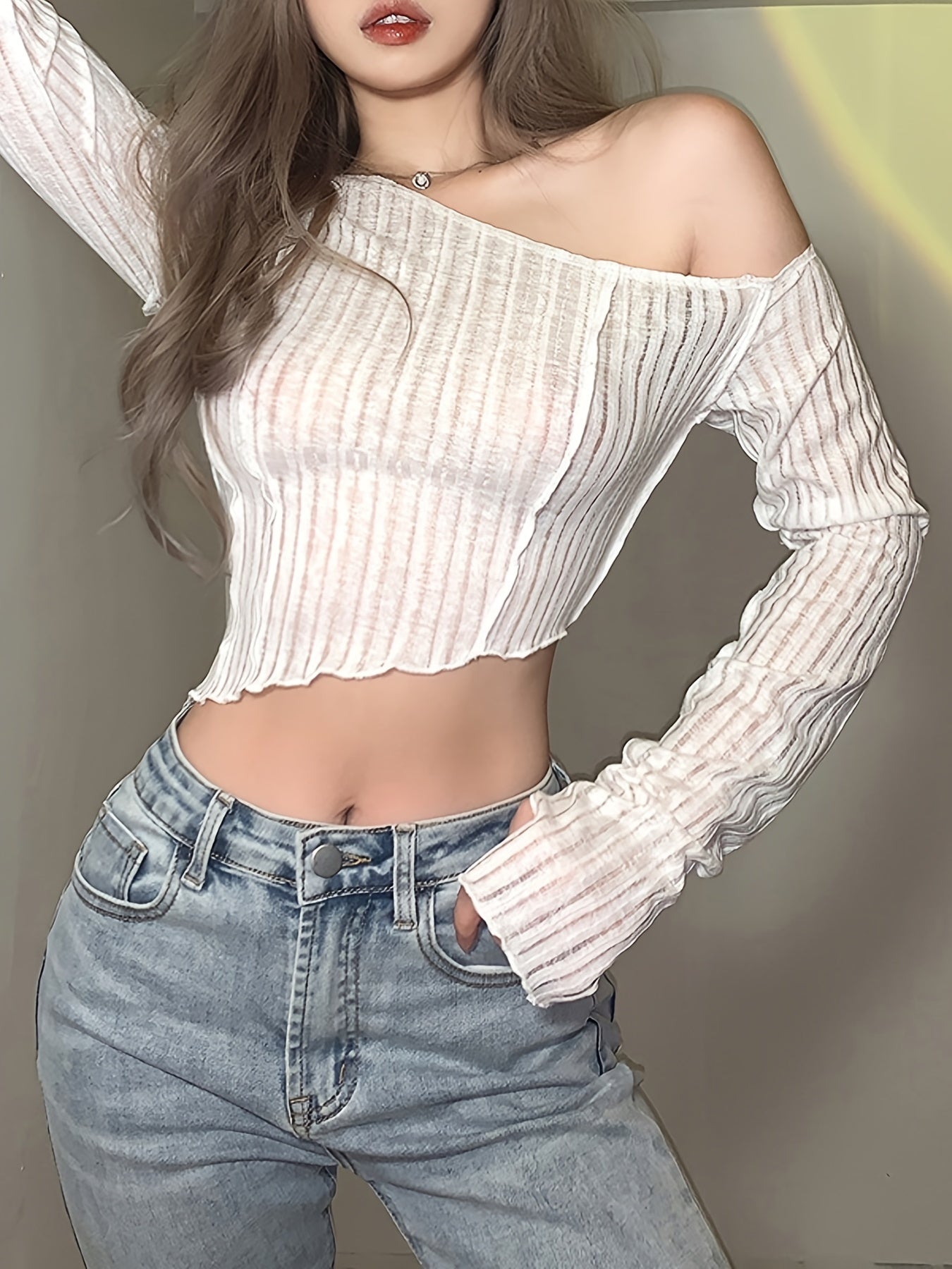 gbolsos Asymmetrical Slim T-shirt, Sexy Long Sleeve Ruched T-shirt, Women's Clothing