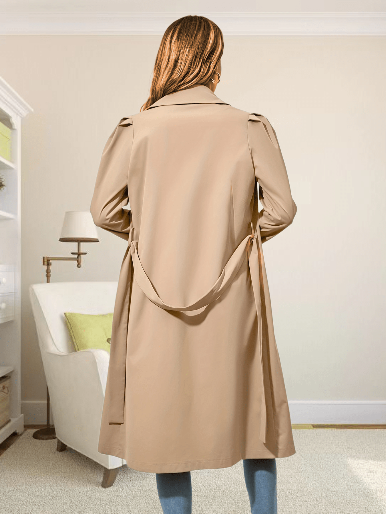 gbolsos Double Breasted Lapel Trench Coat, Casual Long Sleeve Belted Coat For Fall & Winter, Women's Clothing