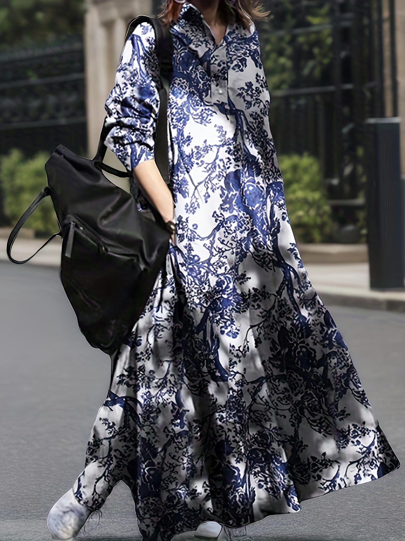 gbolsos Vintage Graphic Print V-neck Dress, Elegant Long Sleeve Maxi Dress For Spring & Fall, Women's Clothing