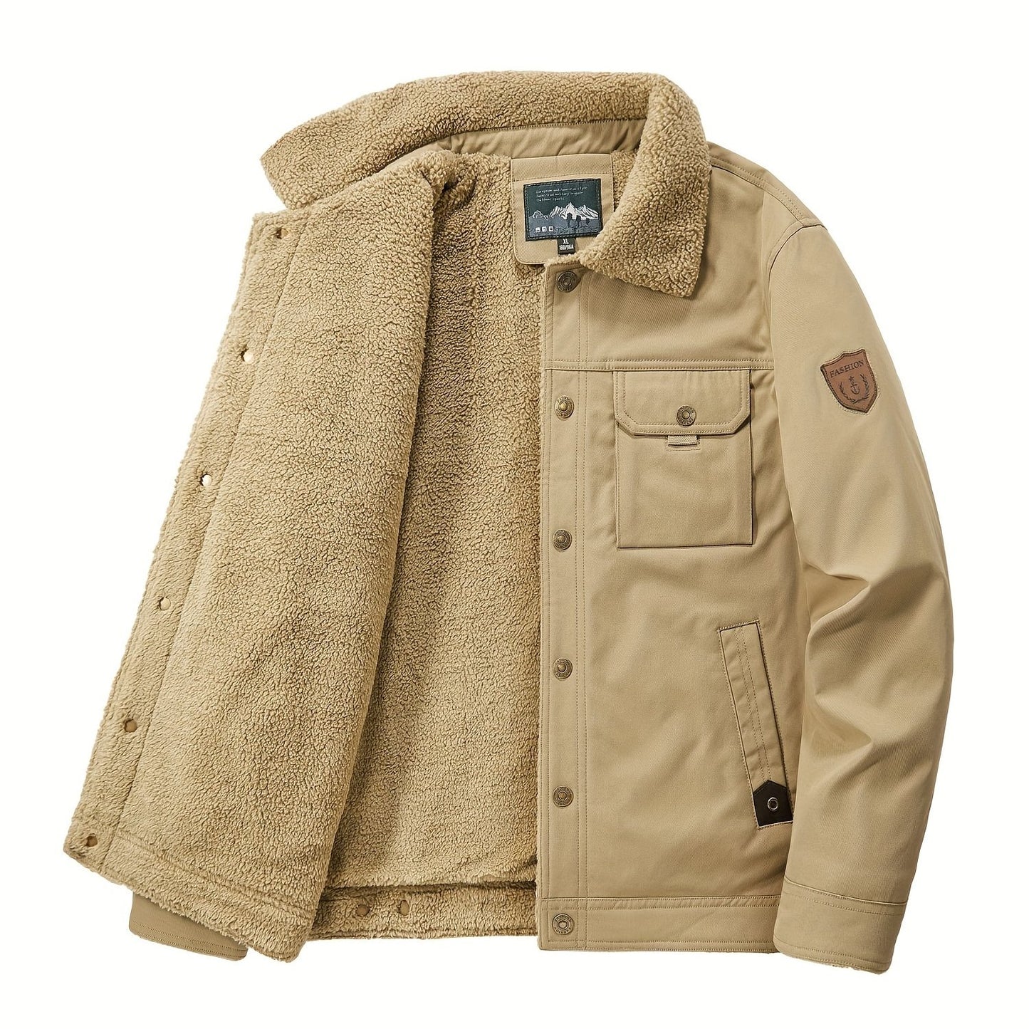 gbolsos Warm Fleece Windbreaker Jacket, Men's Casual Lapel Multi Pocket Cargo Jacket Coat For Fall Winter Outdoor Activities