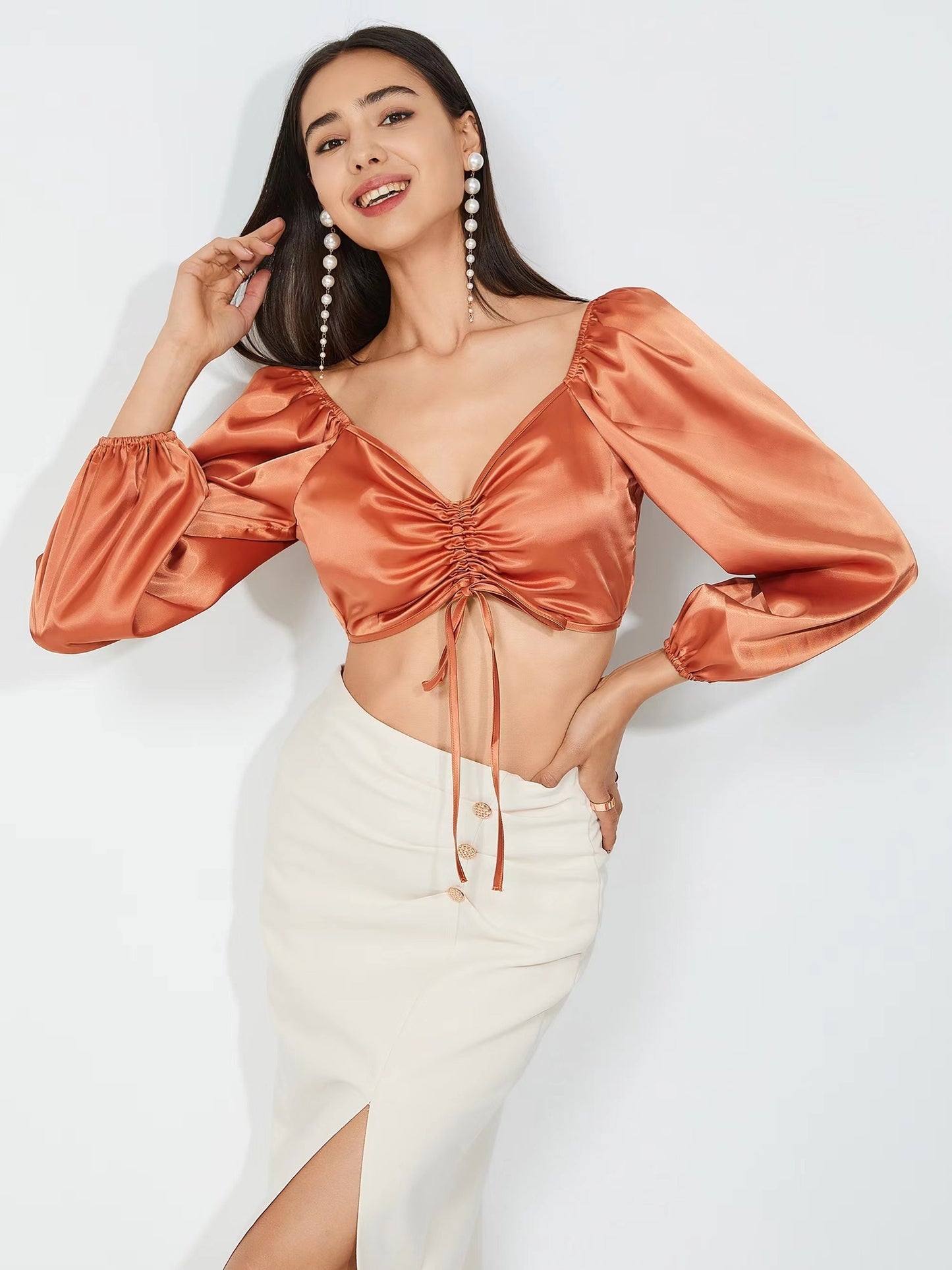 gbolsos Cropped Satin Blouse, Sexy Drawstring Long Sleeve Blouse, Women's Clothing