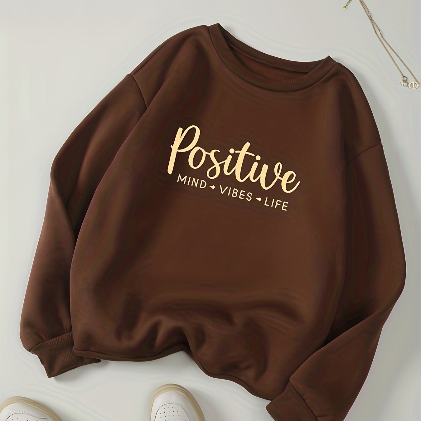 Positive Print Pullover Sweatshirt, Casual Long Sleeve Crew Neck Sweatshirt For Fall & Winter, Women's Clothing