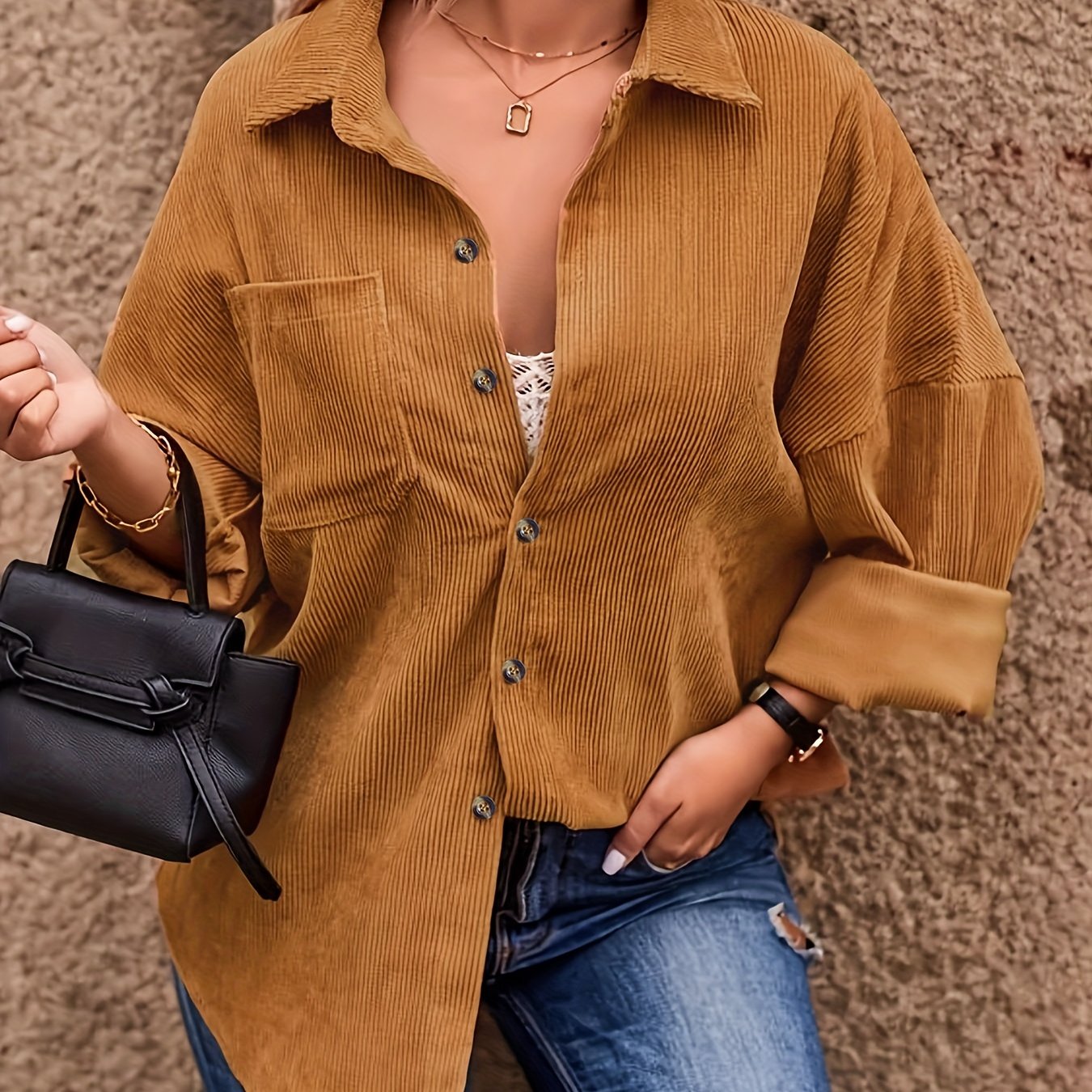 gbolsos Solid Button Front Pocket Shirt, Casual Long Sleeve Shirt For Spring & Fall, Women's Clothing