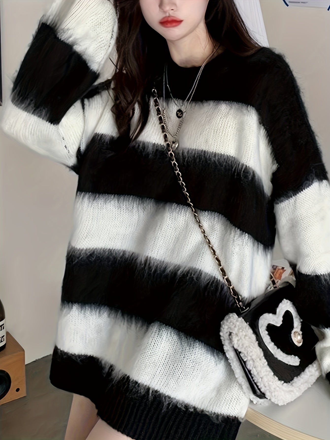 gbolsos Striped Crew Neck Pullover Sweater, Casual Long Sleeve Loose Cozy Sweater, Women's Clothing