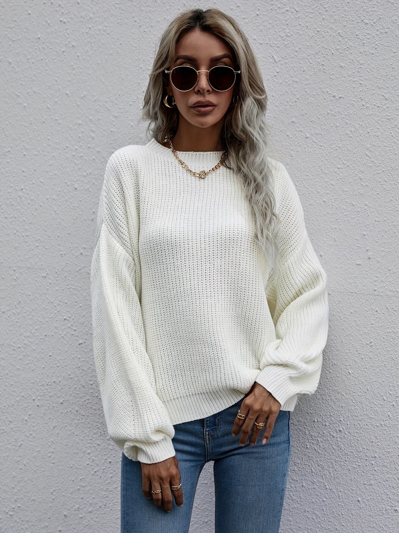 Solid Crew Neck Pullover Sweater, Casual Long Sleeve Sweater For Fall & Winter, Women's Clothing
