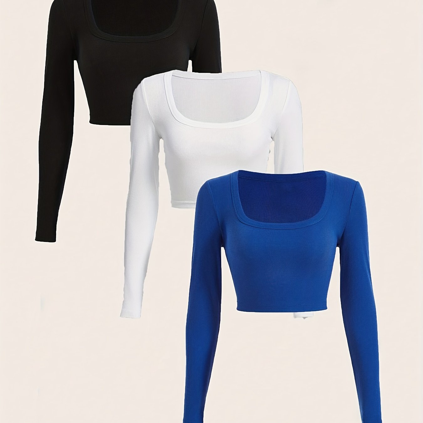 gbolsos 3 Packs Ribbed Square Neck Crop T-Shirts, Casual Long Sleeve Top For Spring & Fall, Women's Clothing