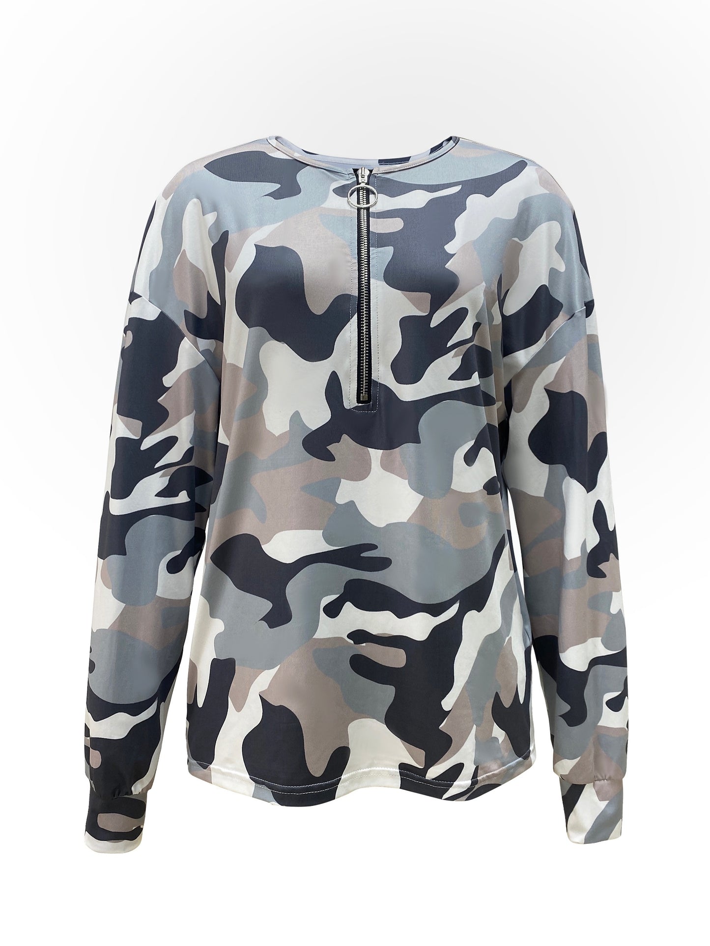 gbolsos All Over Print Zip Front T-Shirt, Casual Long Sleeve Top For Spring & Fall, Women's Clothing
