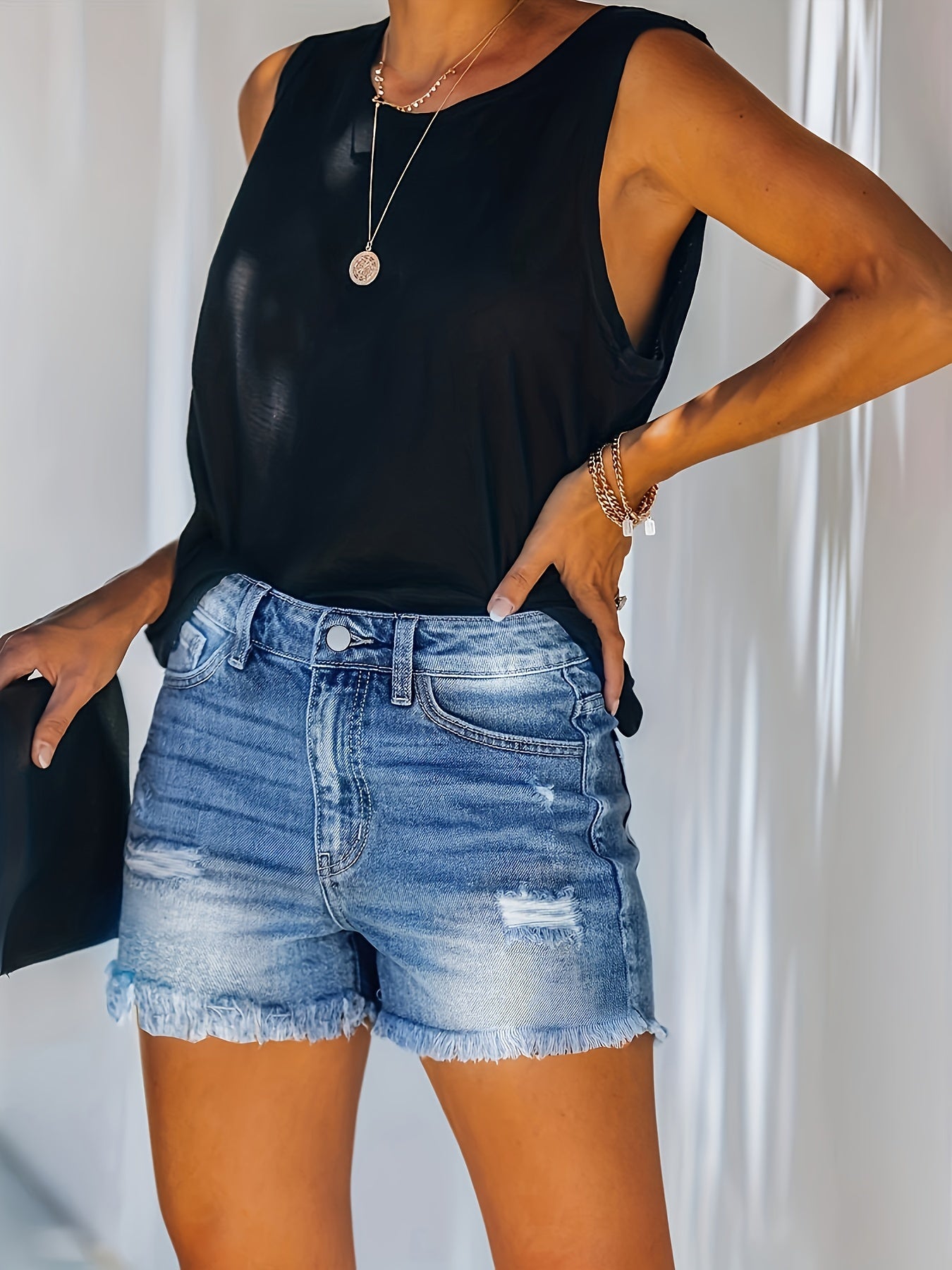gbolsosBlue Frayed Hem Denim Shorts, Ripped Holes Slash Pockets Short Denim Pants, Women's Denim Jeans & Clothing