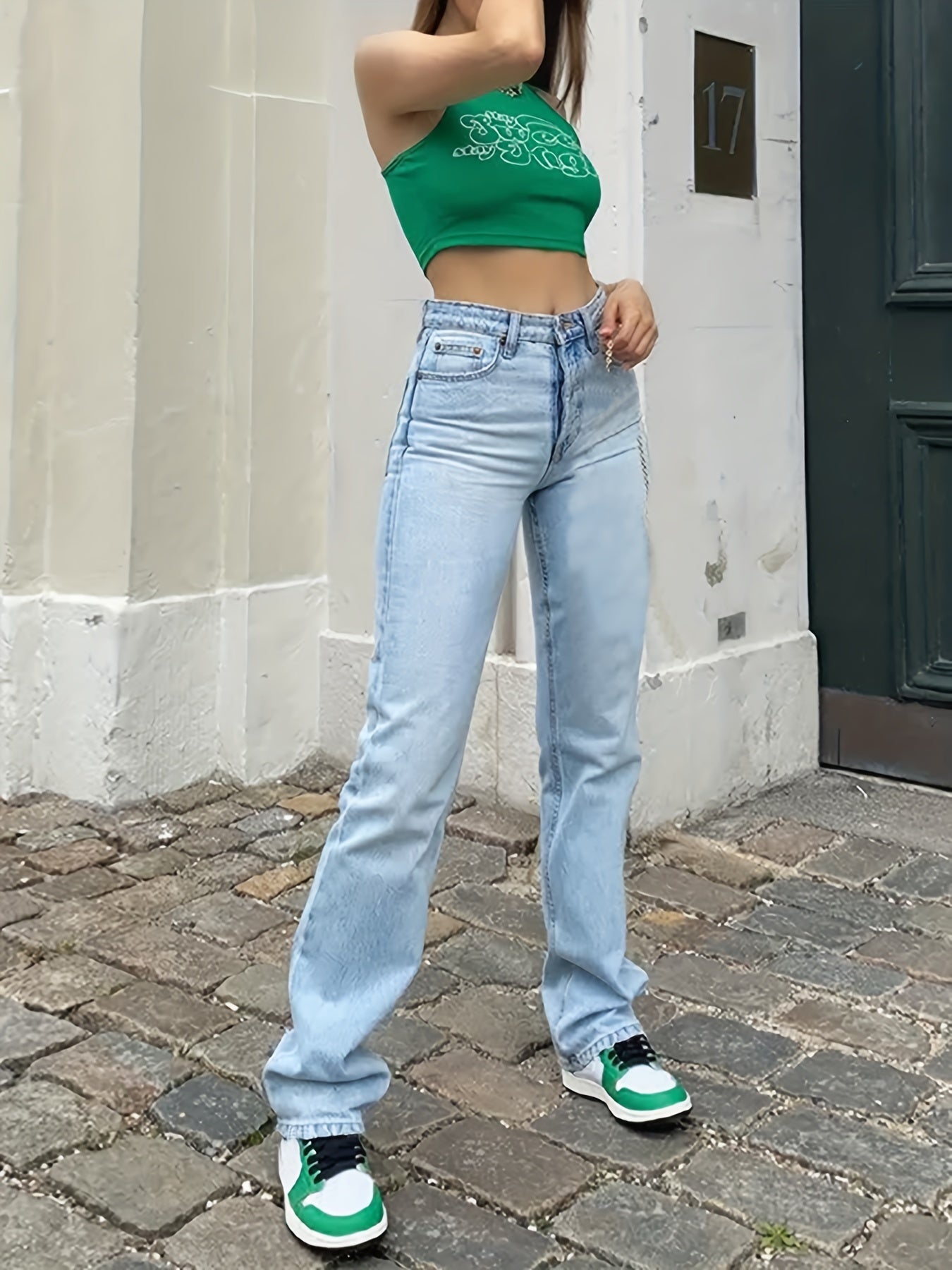gbolsos Blue High Waist Straight Jeans, High Rise Slash Pockets Loose Fit Denim Pants, Women's Denim Jeans & Clothing