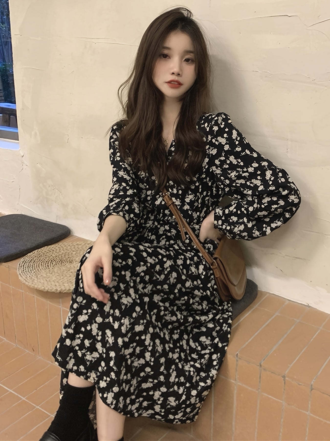 gbolsos Ditsy Floral Print Dress, Elegant Long Sleeve Midi Dress, Women's Clothing