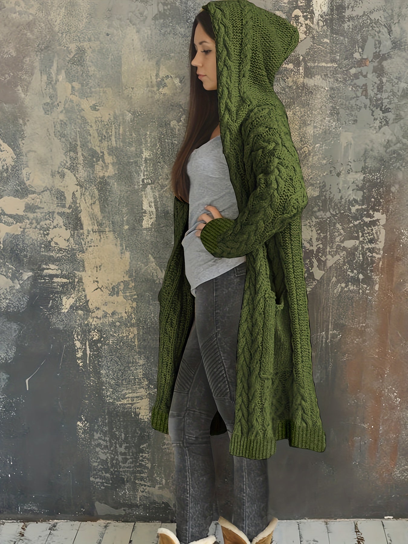 Chunky Knit Hooded Cardigan, Solid Long Open Front Sweater, Casual Cardigan For Fall & Winter, Women's Clothing