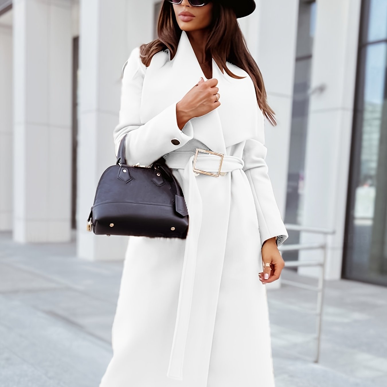 gbolsos Elegant Lapel Belt Long Coat, Casual Long Sleeve V-neck Fashion Loose Fall Winter Long Outerwear, Women's Clothing