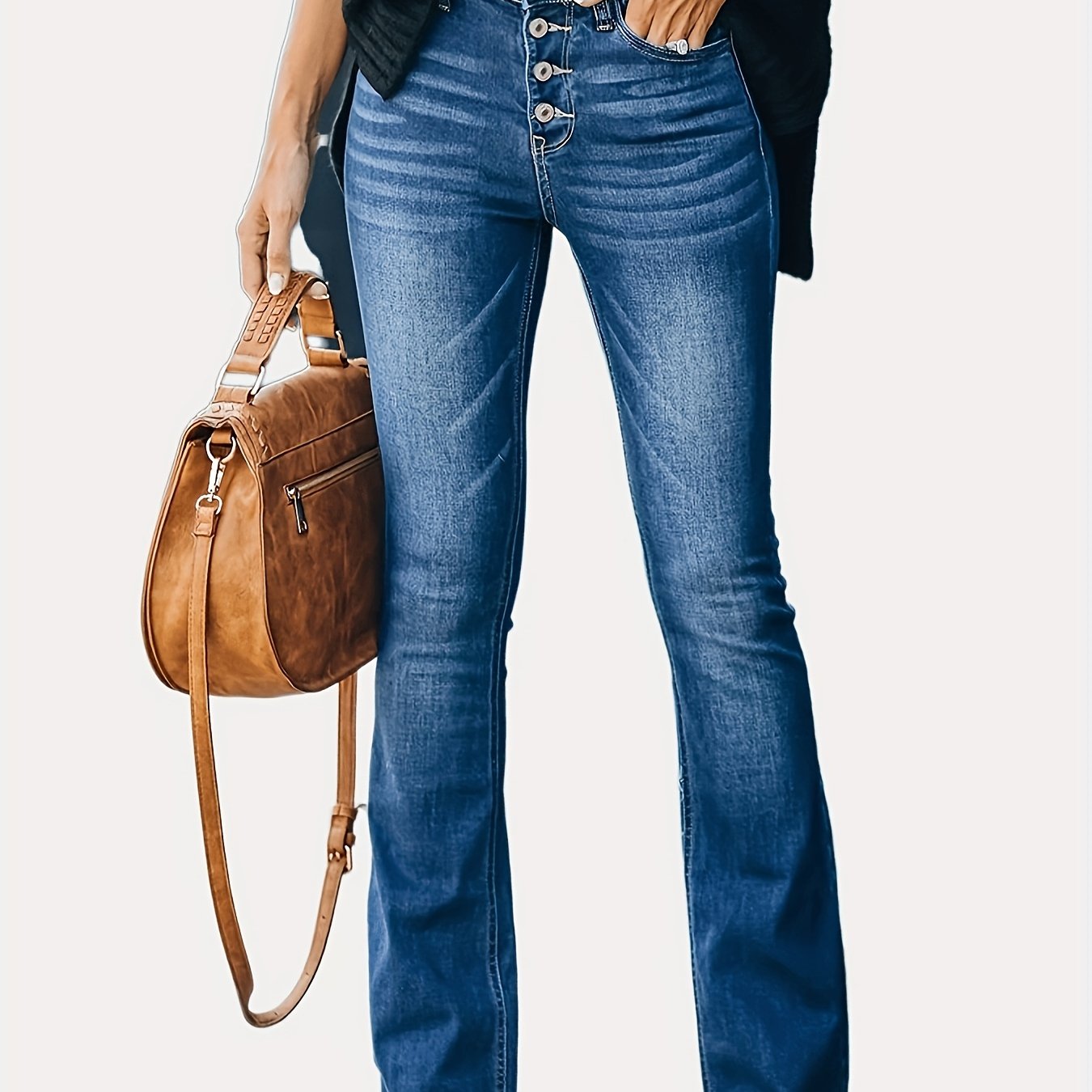 gbolsos Embossed Crotch Button Bell Bottom Jeans, Stretchy Slim Fitting Slash Pockets Bootcut Pants, Women's Denim & Clothing