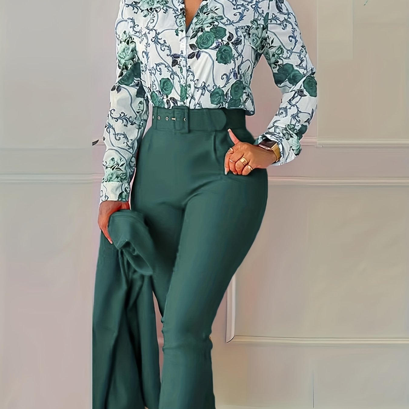gbolsos Elegant Two-piece Set, Floral Print V Neck Long Sleeve Blouse & Solid Belted Tapered Pants Outfits, Women's Clothing