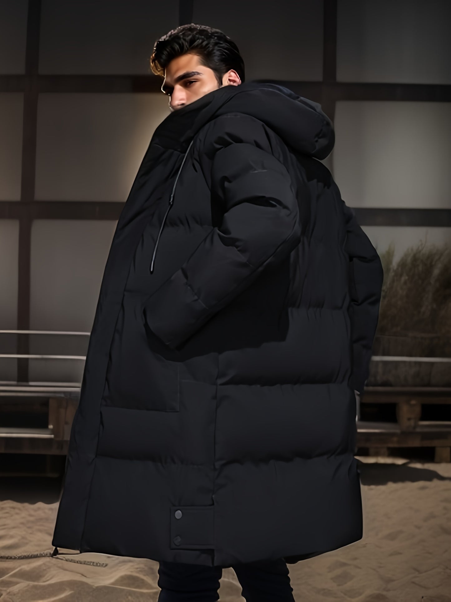 gbolsos Warm Hooded Mid-length Jacket, Men's Casual Zip Up Cotton Padded Jacket Overcoat For Fall Winter Outdoor