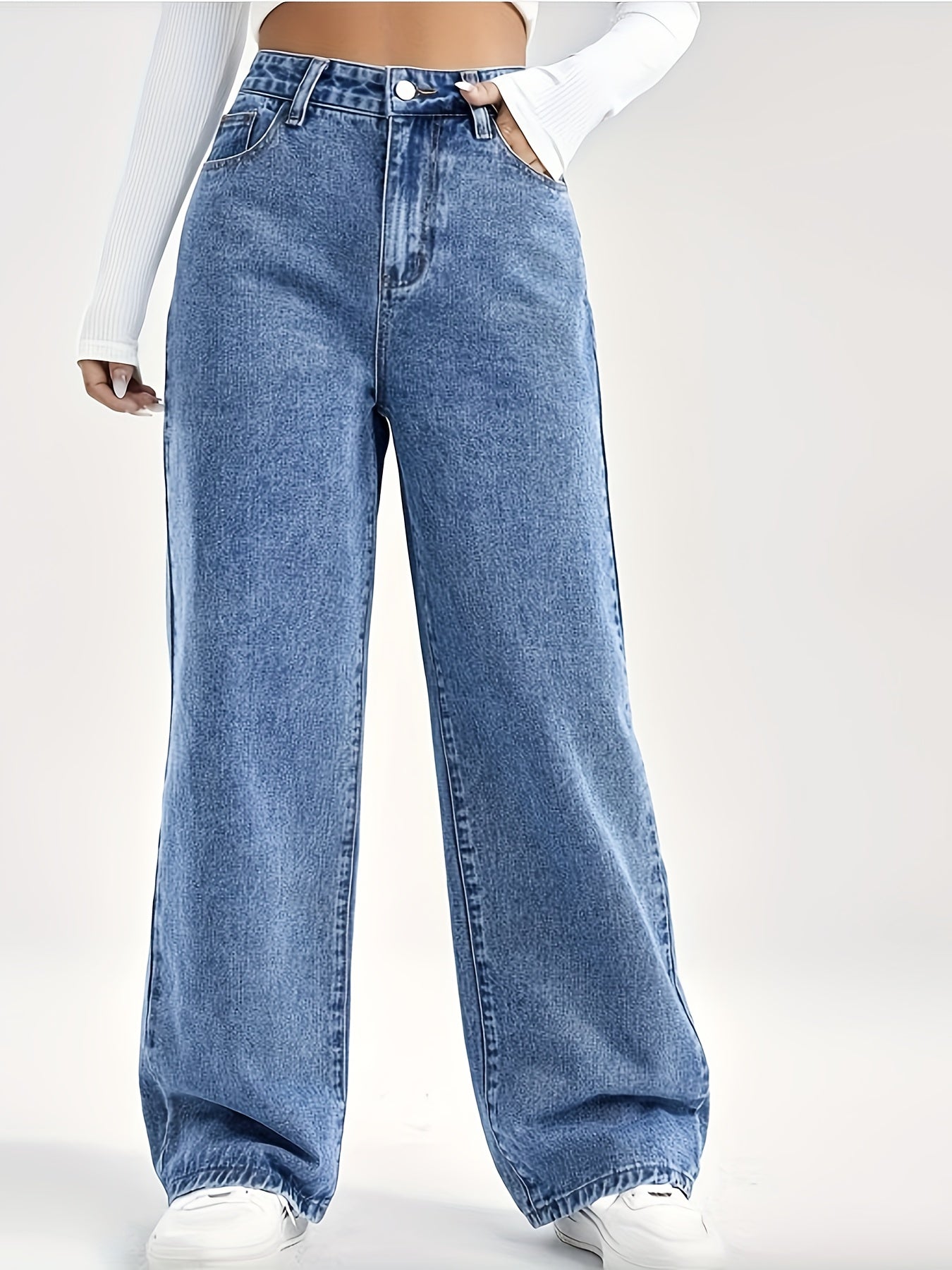 gbolsos Slant Pocket Wide Leg Jeans, Button Zipper Closure Loose Leisure Denim Pants, Women's Denim Jeans & Clothing
