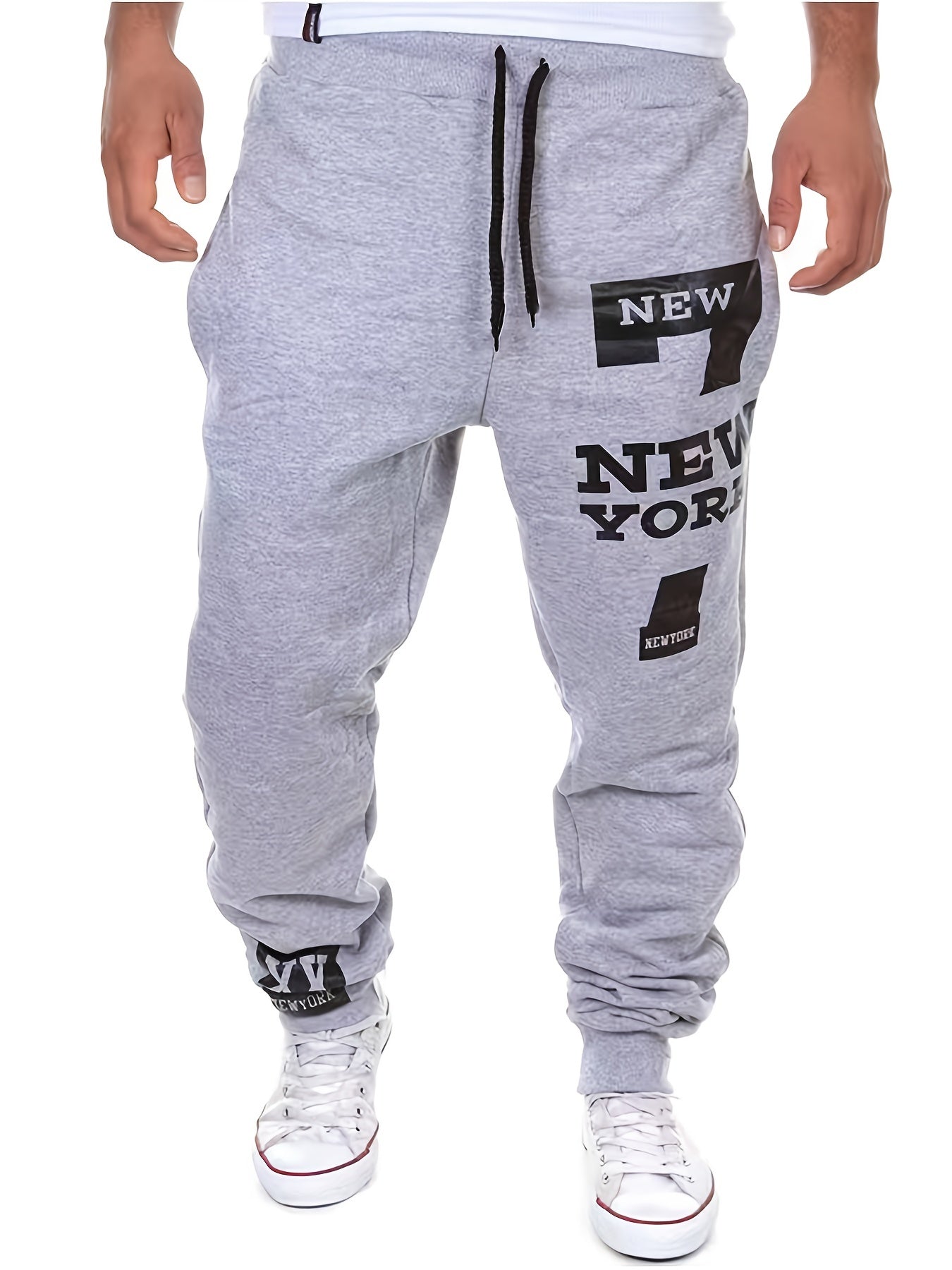 gbolsos "New York" Print Tapered Joggers, Men's Casual Stretch Waist Drawstring Sweatpants For All Seasons