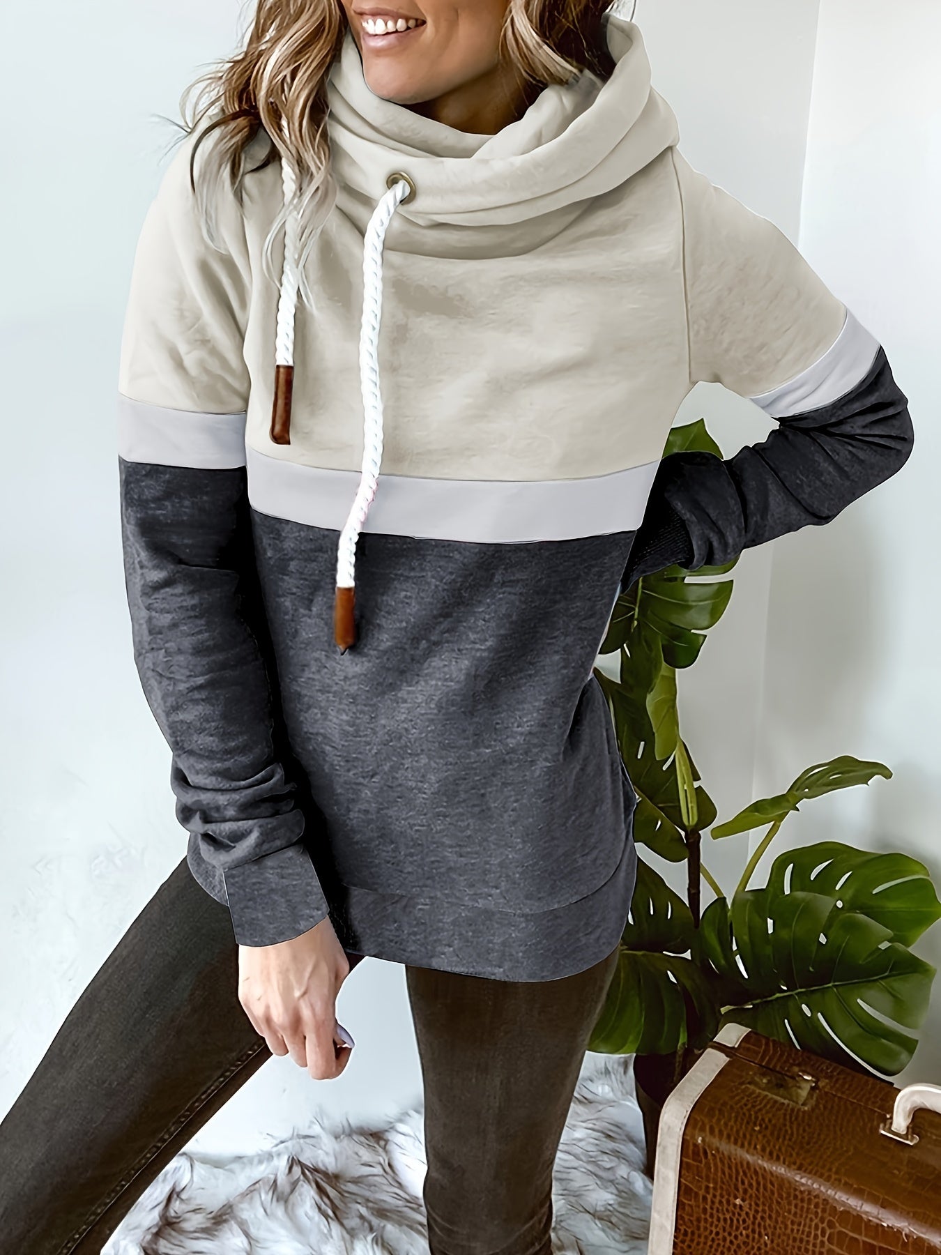 gbolsos Color Block Turtle Neck Hoodie, Casual Long Sleeve Drawstring Hoodies Sweatshirt, Women's Clothing