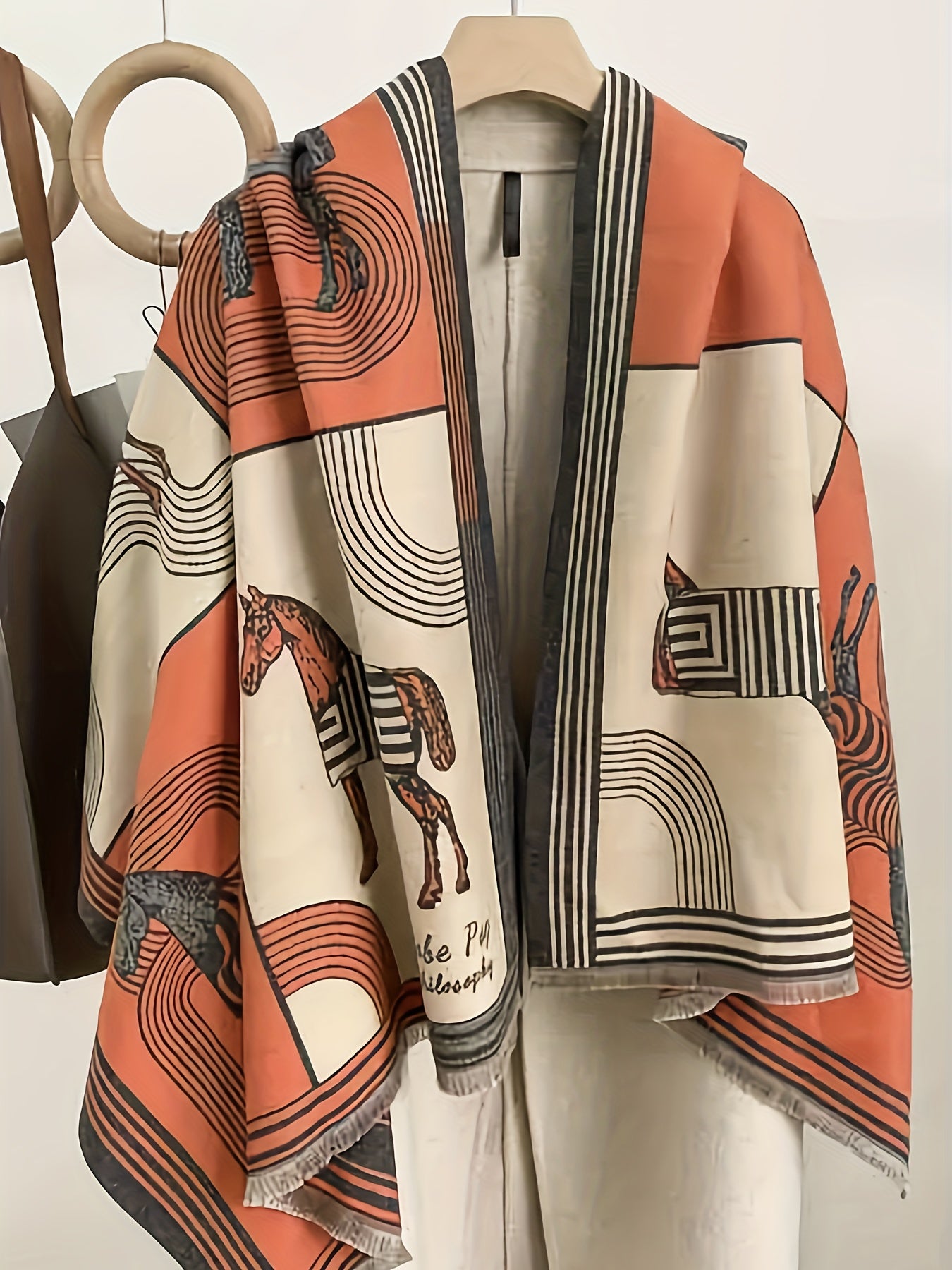 Plus Size Casual Winter Coat, Women's Plus Horse & Geometric Print Long Sleeve Open Front Shawl Cape Coat