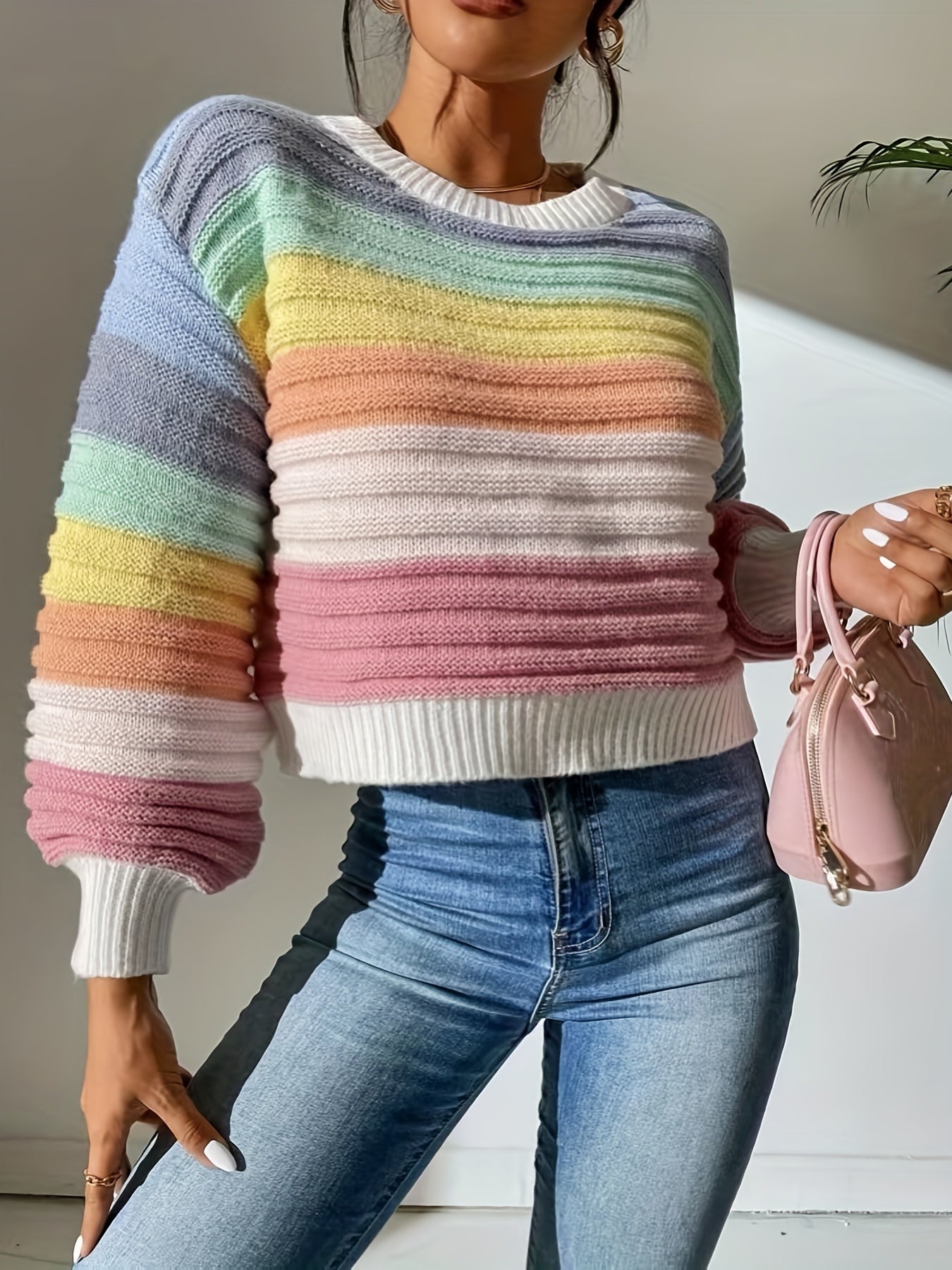 gbolsos Striped Pattern Crew Neck Sweater, Casual Long Lantern Sleeve Sweater For Spring & Fall, Women's Clothing