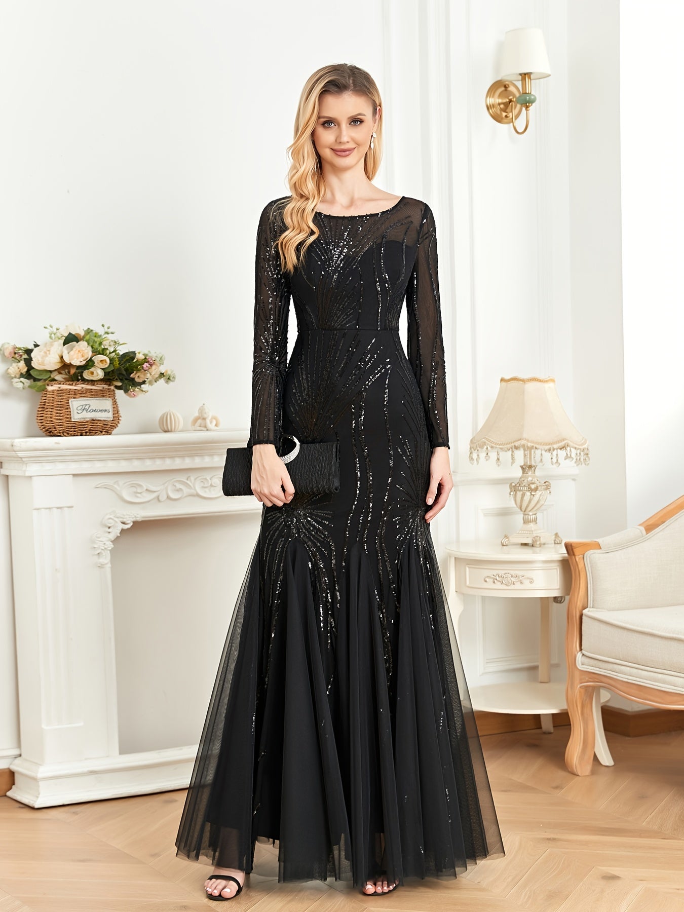 gbolsos Sequined Ruffle Mesh Splicing Dress, Elegant Long Sleeve Crew Neck Mermaid Hem Dress For For Party & Banquet, Women's Clothing