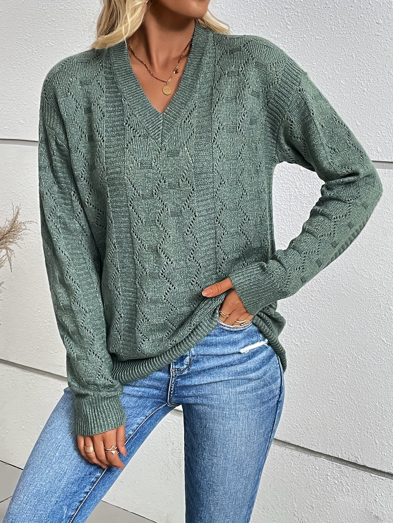 gbolsos Eyelet V Neck Pullover Sweater, Casual Long Sleeve Sweater For Fall & Winter, Women's Clothing