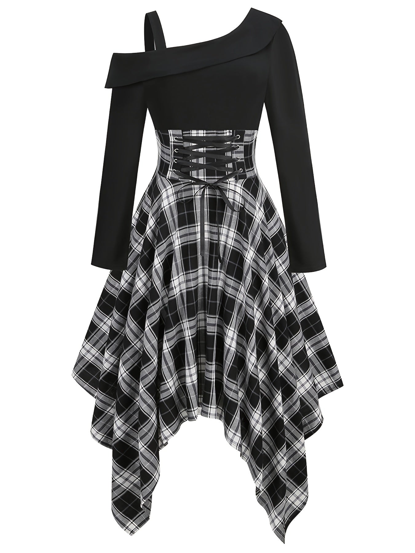gbolsos Plaid Asymmetrical Hem Dress, Vintage Cold Shoulder Long Sleeve Dress, Women's Clothing
