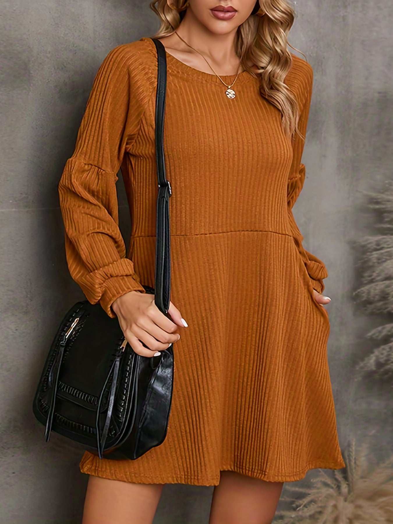 Solid Crew Neck Dress, Elegant Long Sleeve Dress For Fall & Winter, Women's Clothing