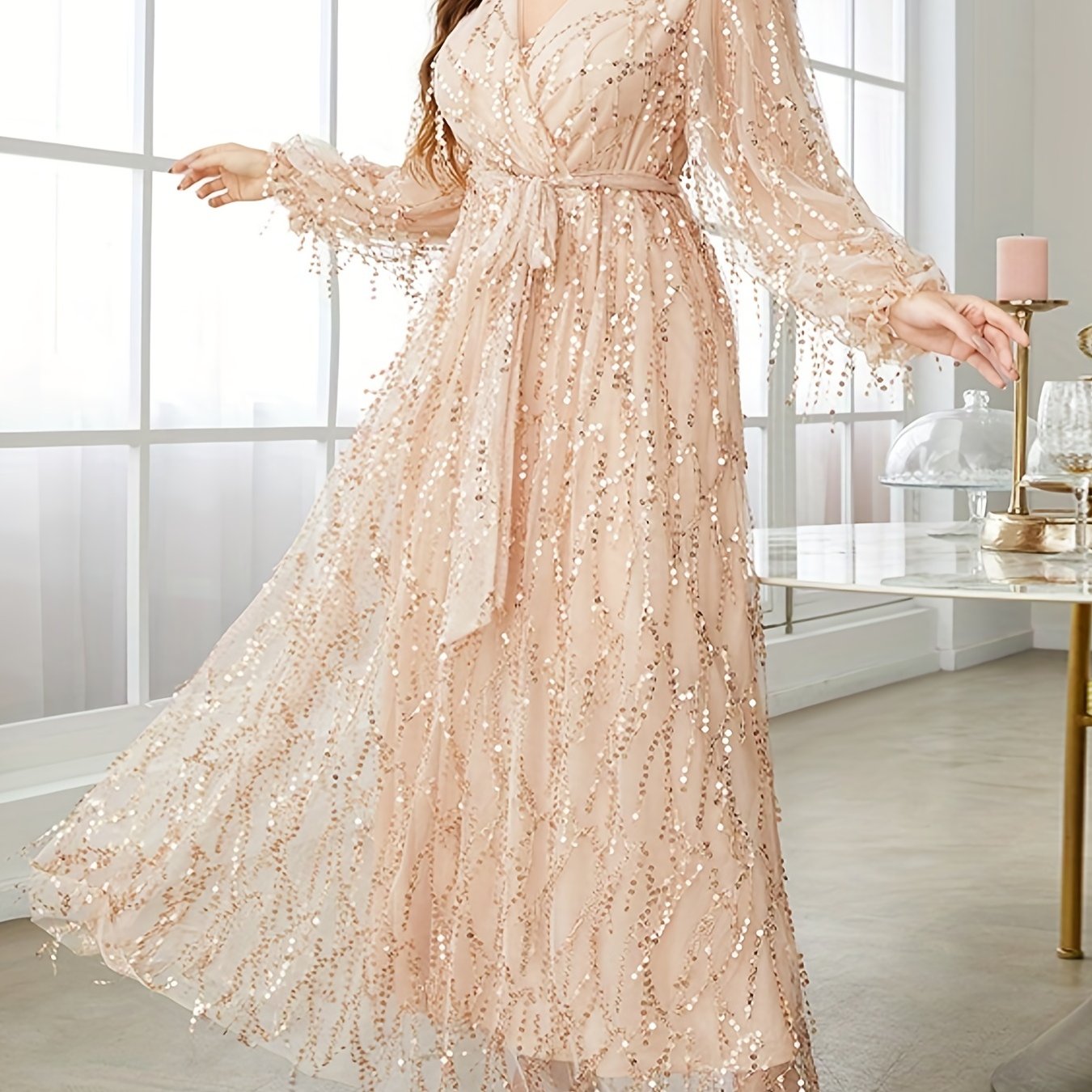 gbolsos Plus Size Elegant Bridesmaid Dress, Women's Plus Sequin Fringe Decor Lantern Sleeve Surplice Neck Belted Formal Party Maxi Dress